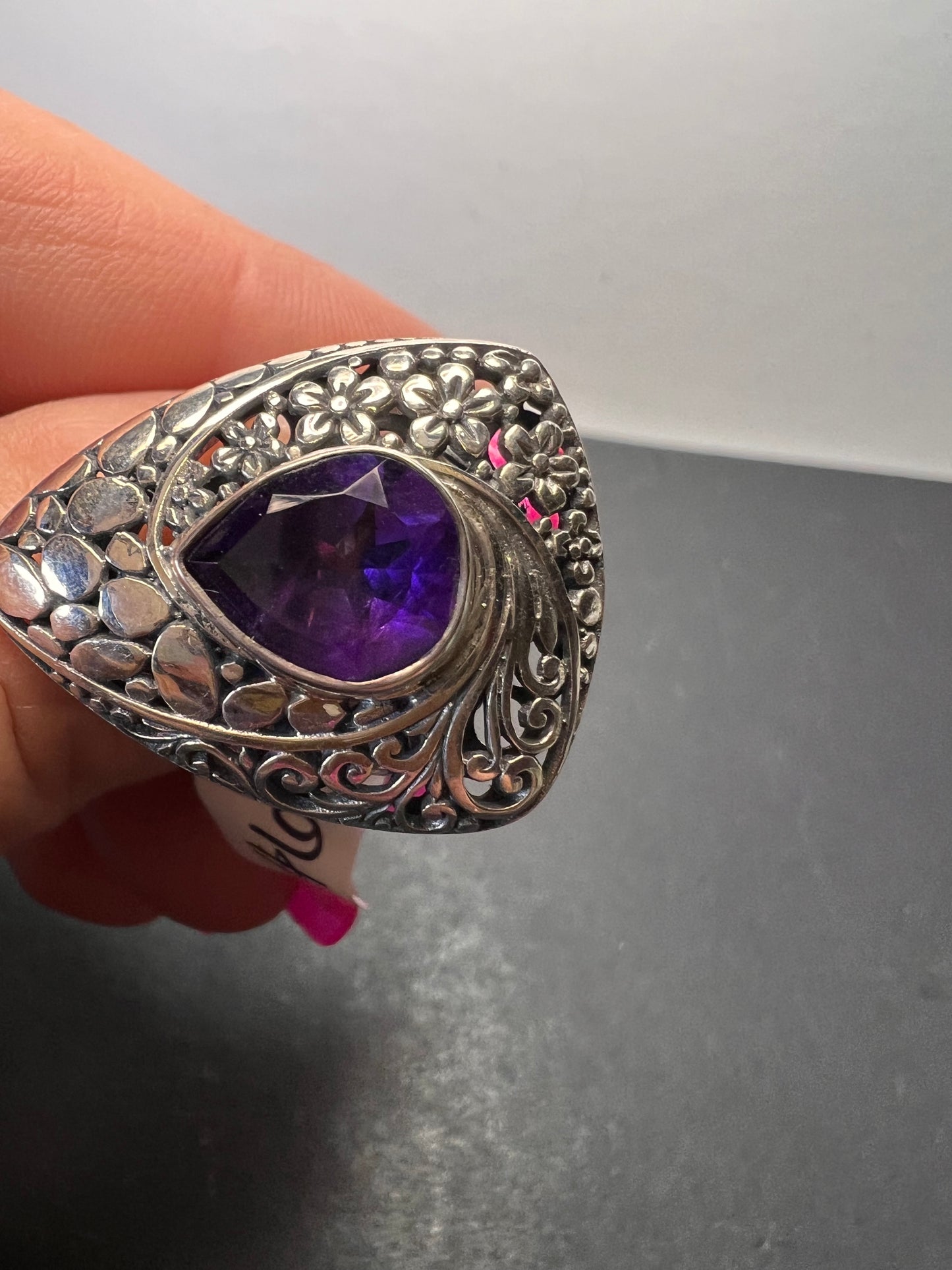 African amethyst planchette teardrop style sterling silver floral ring size 9