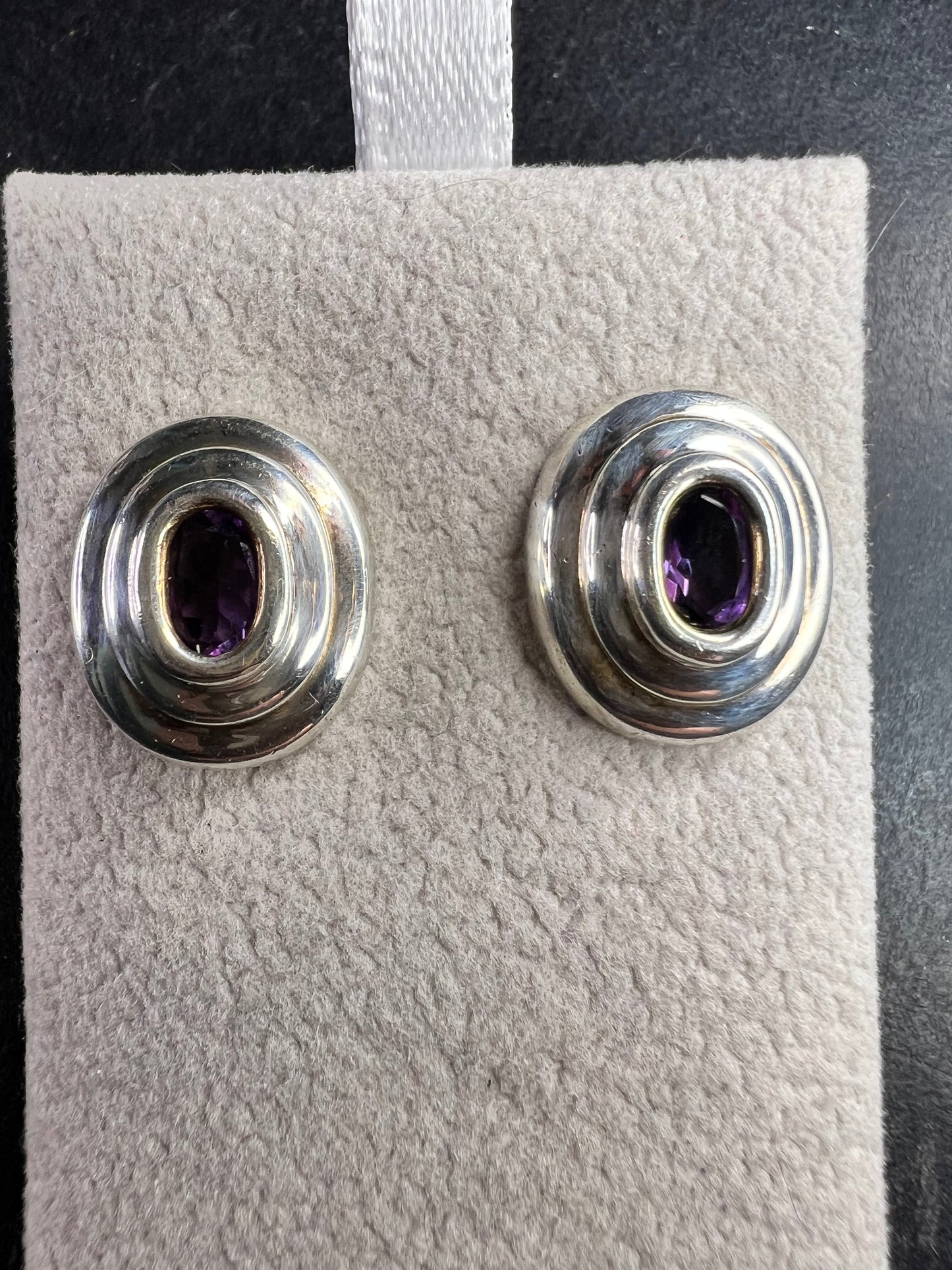 Vintage Sterling Silver Amethyst Modernist Stud Earrings