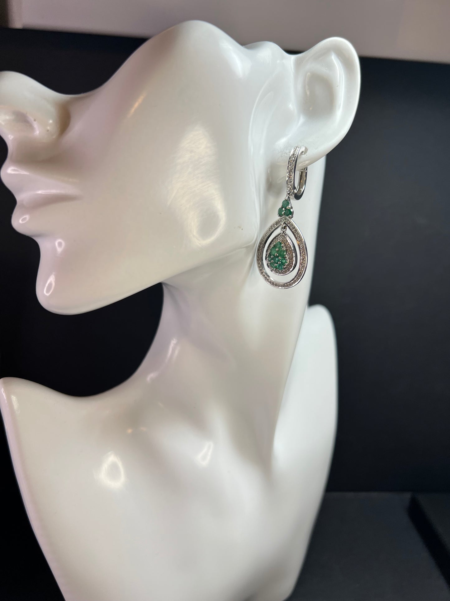New Natural Emerald & 3.05ct Diamond 925 Silver Drop Earrings