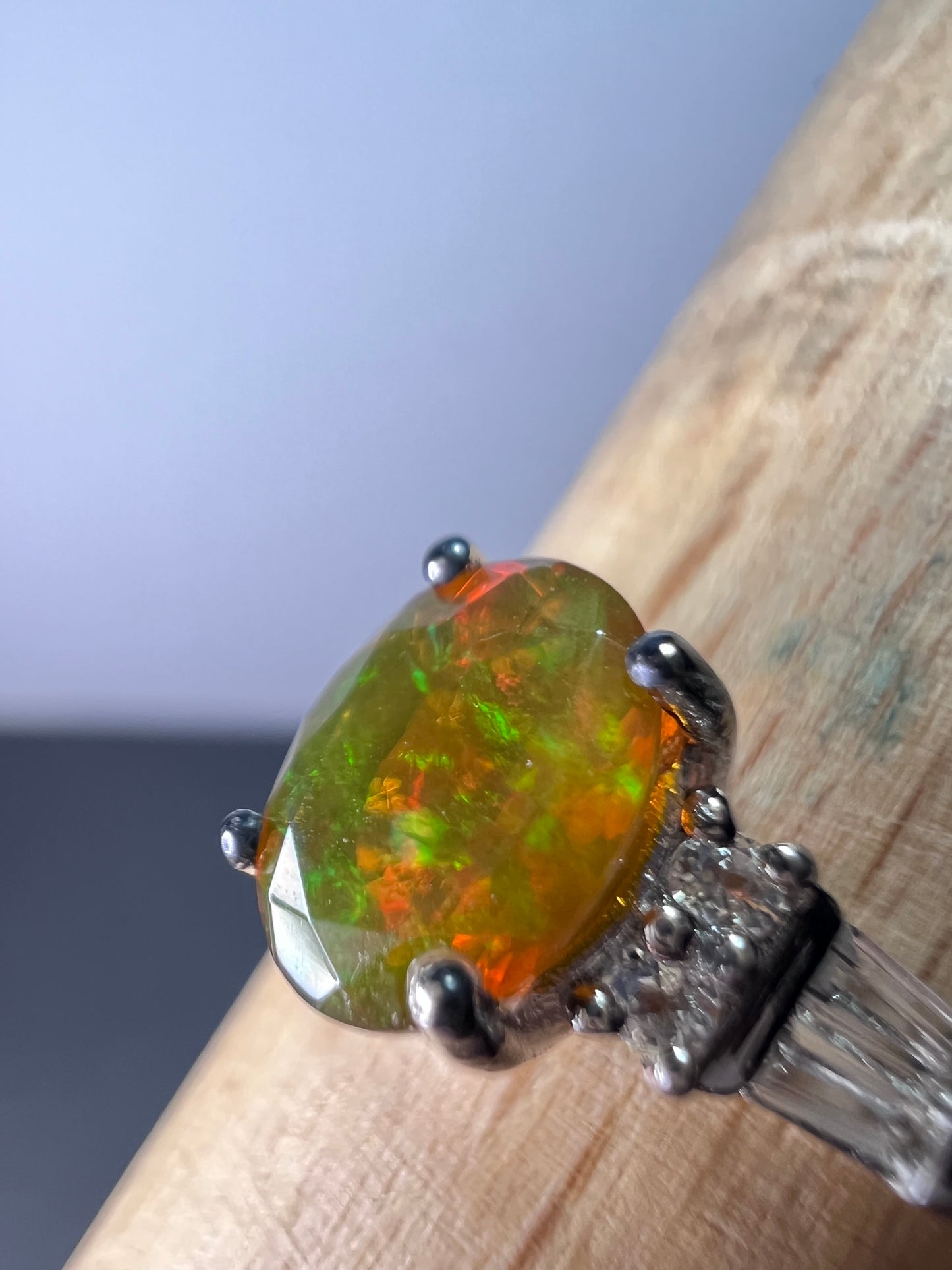 Ethiopian opal and white topaz sterling silver ring size 9