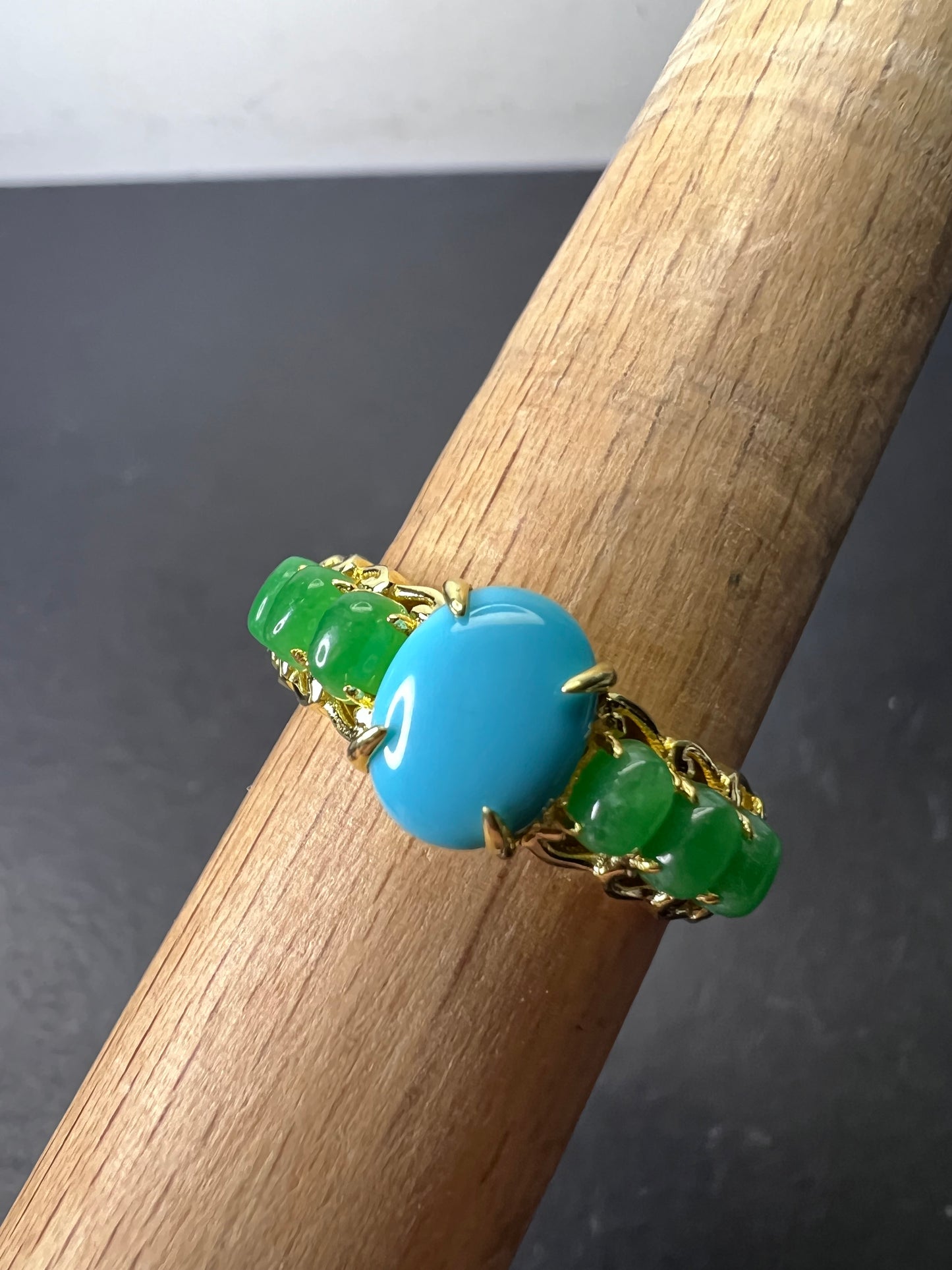 Sleeping Beauty turquoise and green jade 14k gold over silver ring size 9