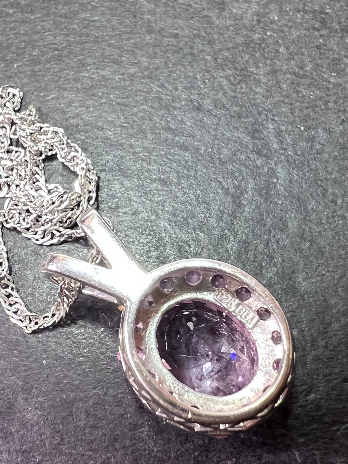 Kunzite and pink sapphire halo pendant necklace in sterling silver