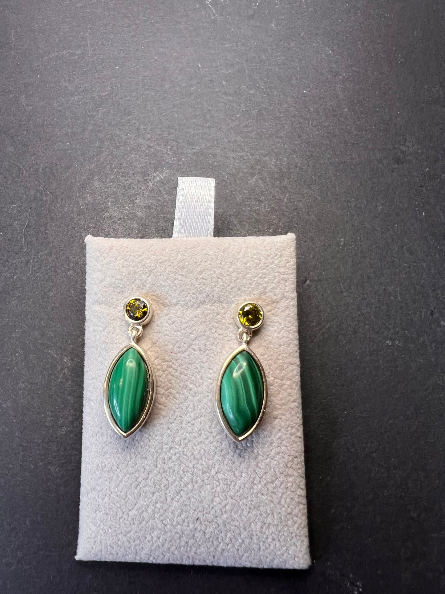 Malachite and olive CZ sterling silver marquise drop earrings