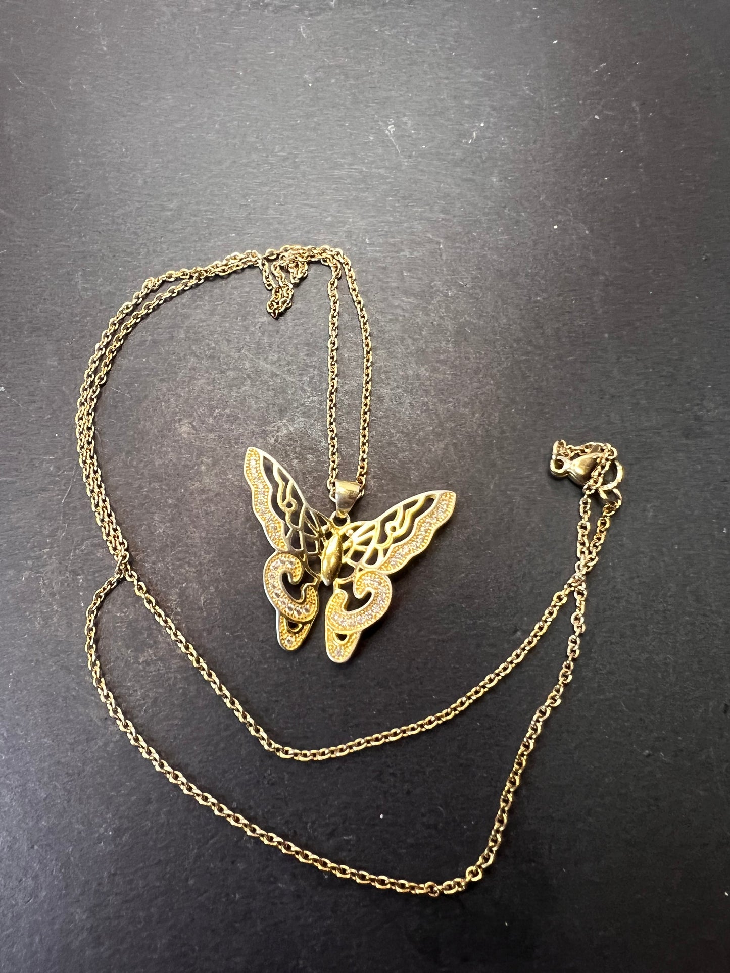 Butterfly CZ gold over sterling silver pendant and chain necklace