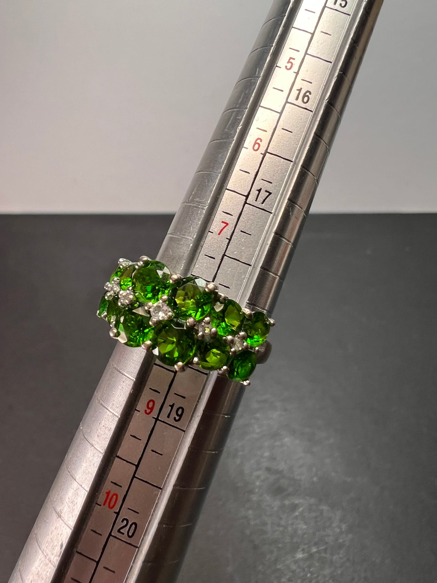 Chrome diopside and white topaz ring in rhodium over sterling silver size 8