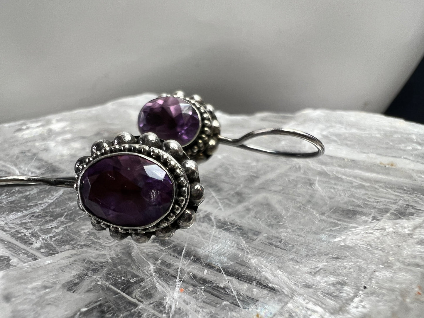 Vintage Balinese Sterling Silver Amethyst Drop Earrings Beaded Halo