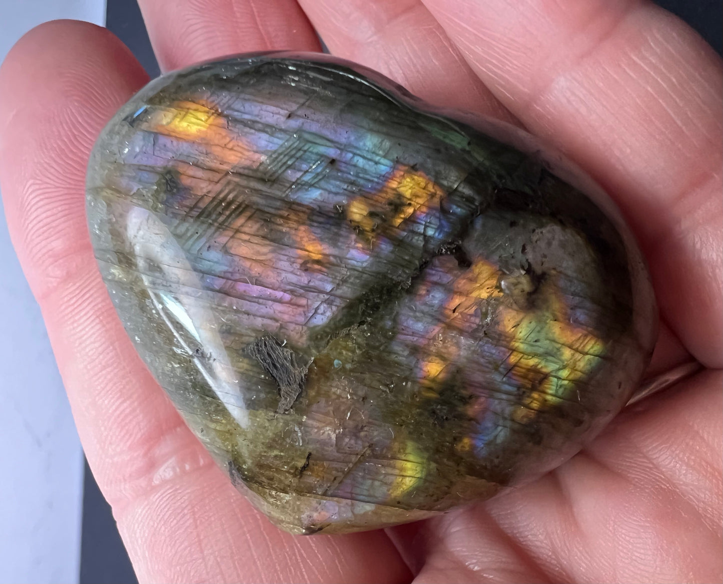 Labradorite heart with pink purple flash