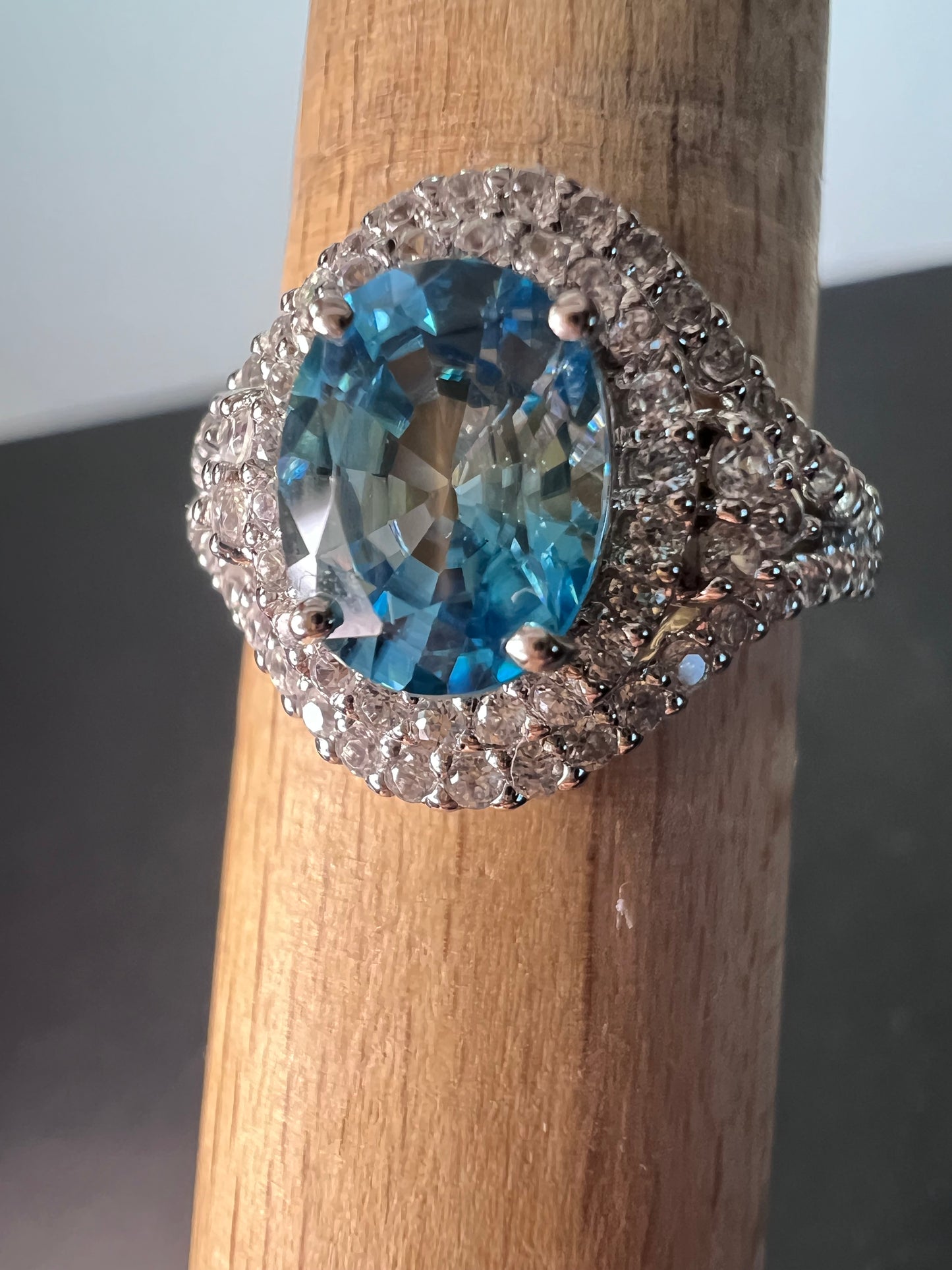 10k white gold blue topaz and white zircon double halo ring size 9