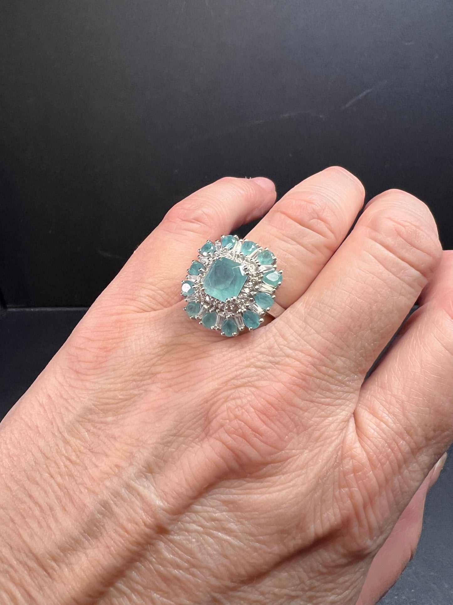 NEW grandidierite and zircon cocktail ring in rhodium over sterling silver size 7