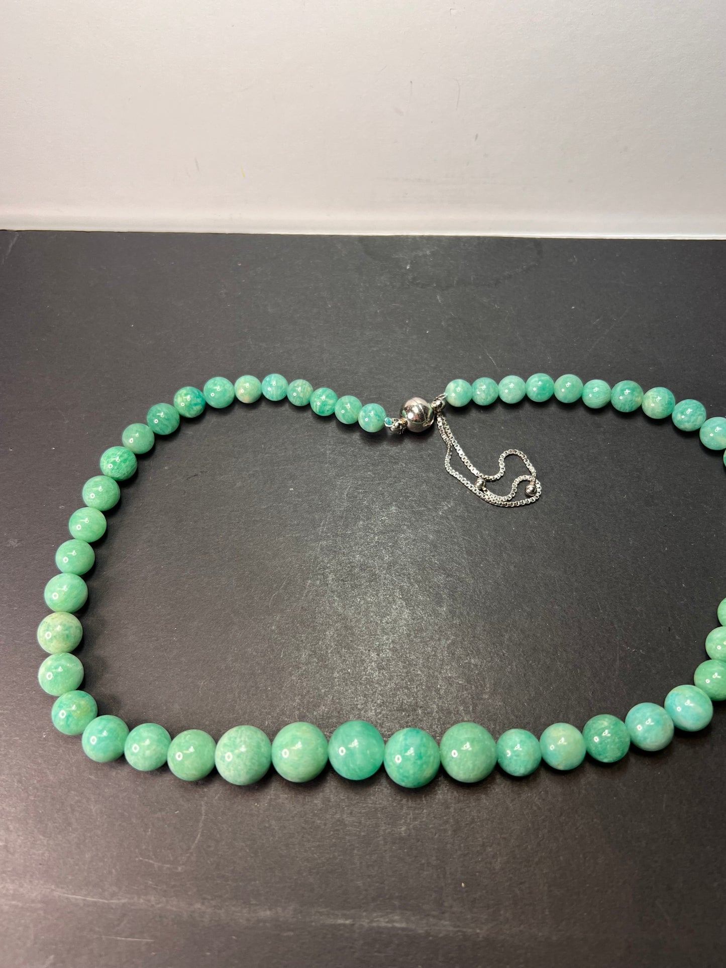 Amazonite beaded bolo necklace with sterling clasp and slide adjustments