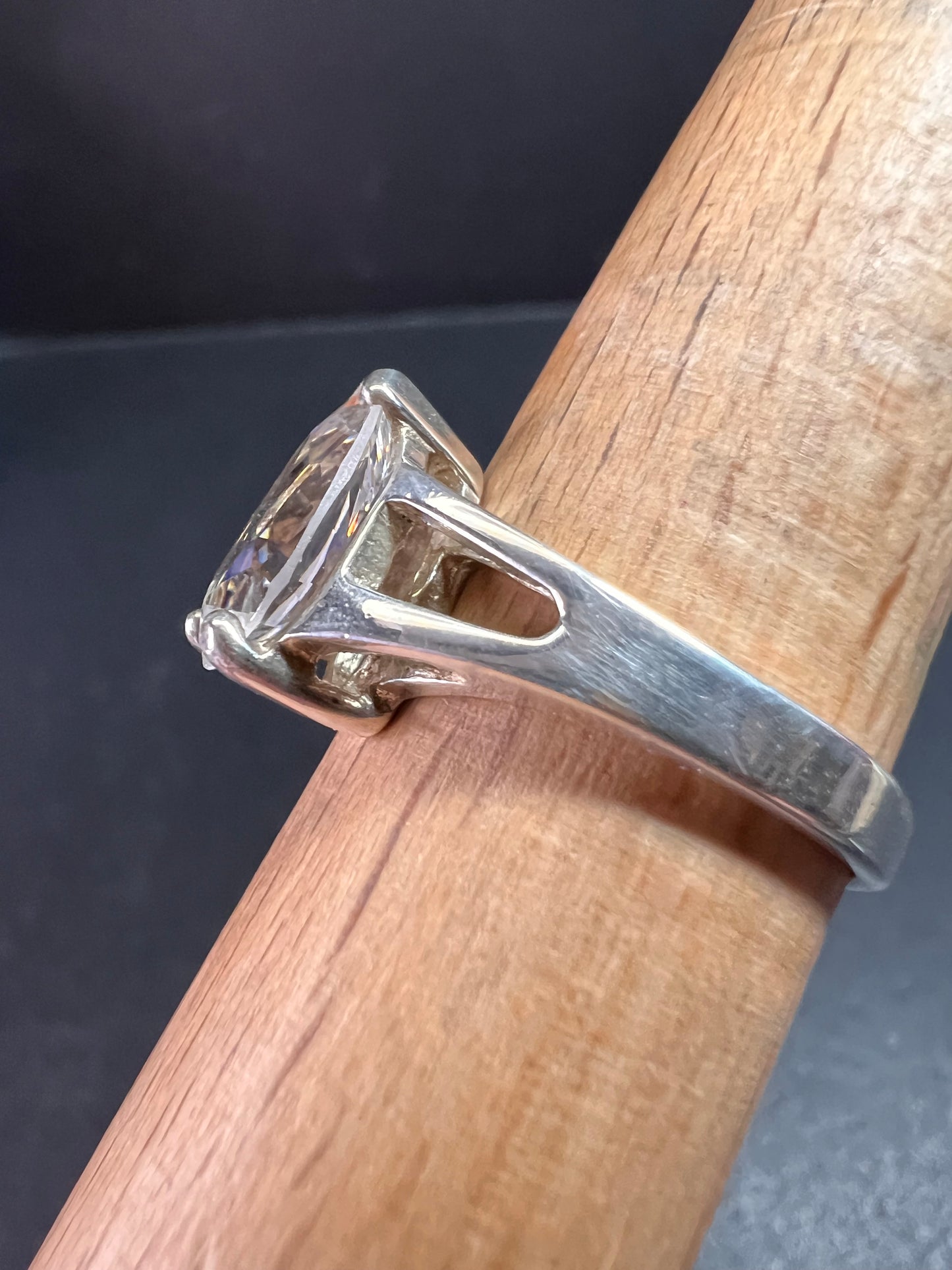 Vintage CZ Pear Solitaire in Sterling Silver, Open Gallery Split Shank, Size 9