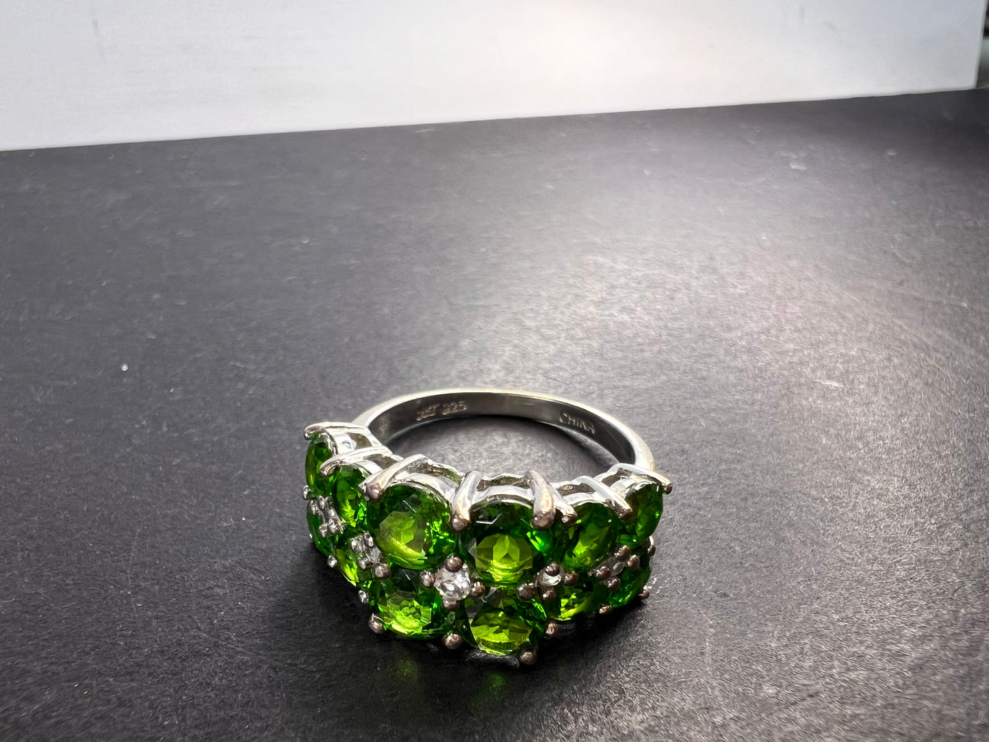 Chrome diopside and white topaz ring in rhodium over sterling silver size 8