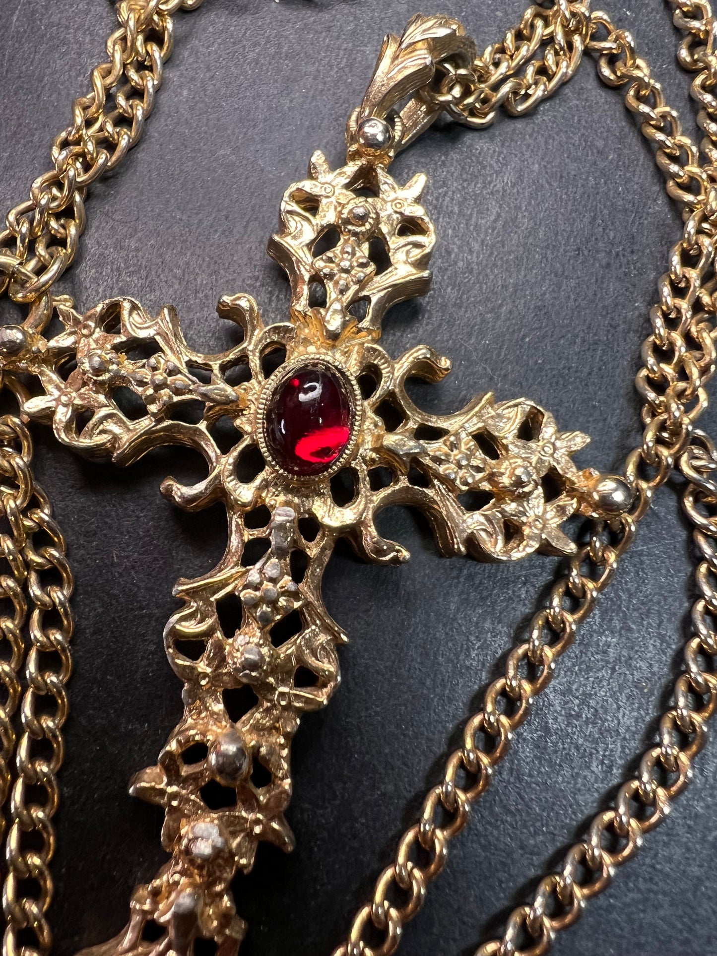 Vintage Avon Red Cabochon Filigree Cross Necklace 24”