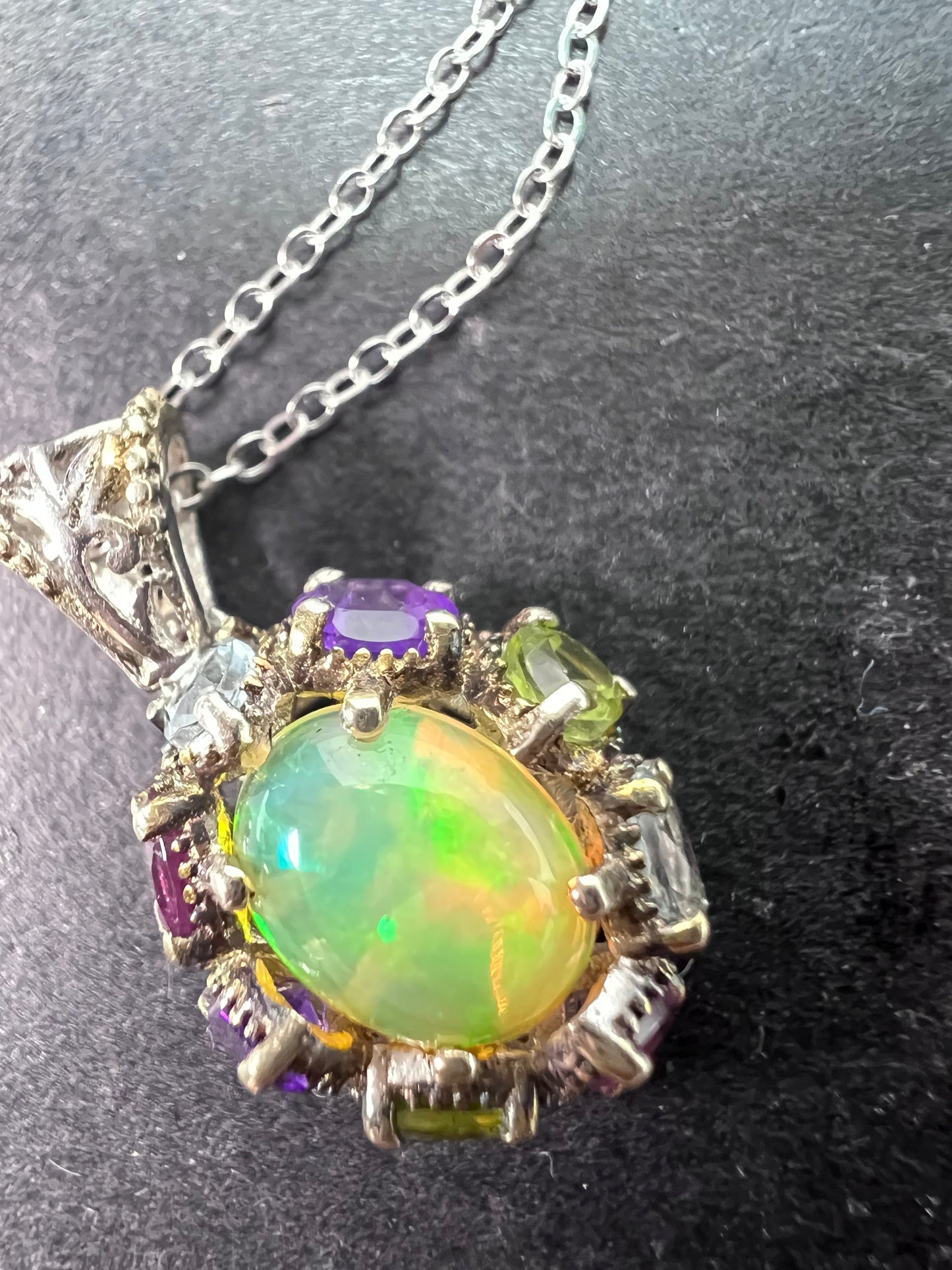 Ethiopian opal multi stone sterling silver halo pendant necklace