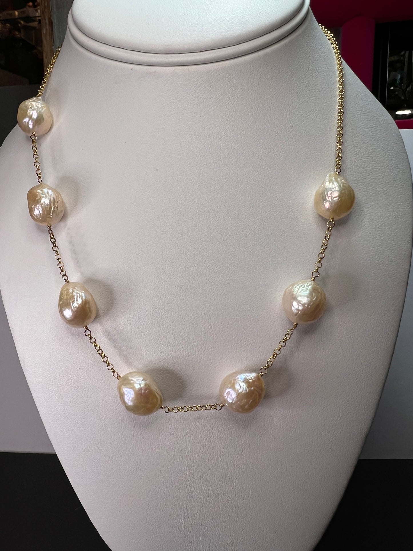 13-15mm baroque pearl station necklace in gold over sterling silver