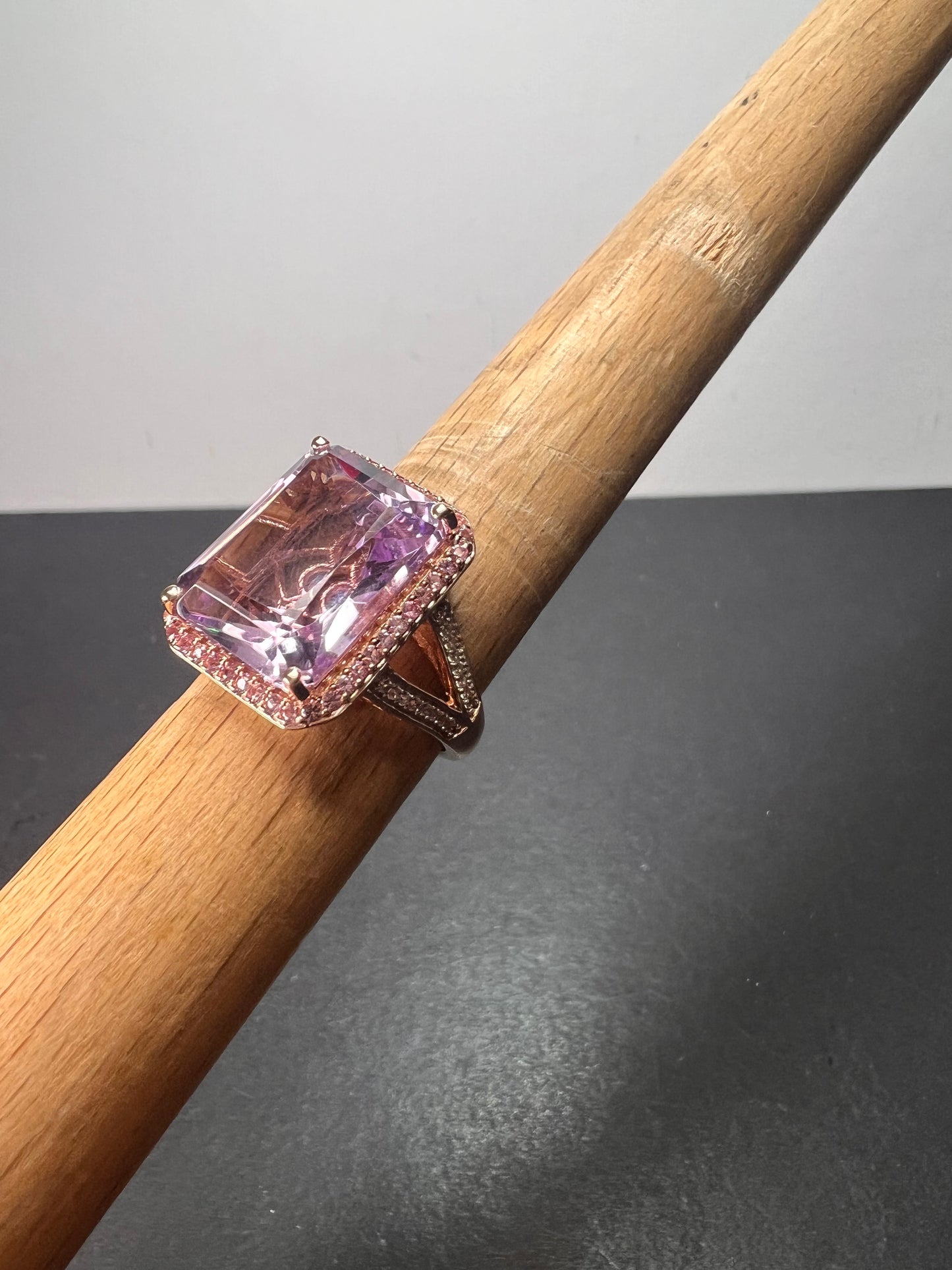 Radiant cut rose de France amethyst and pink sapphire halo ring in rose gold vermeil over sterling silver size 8 *NEW*