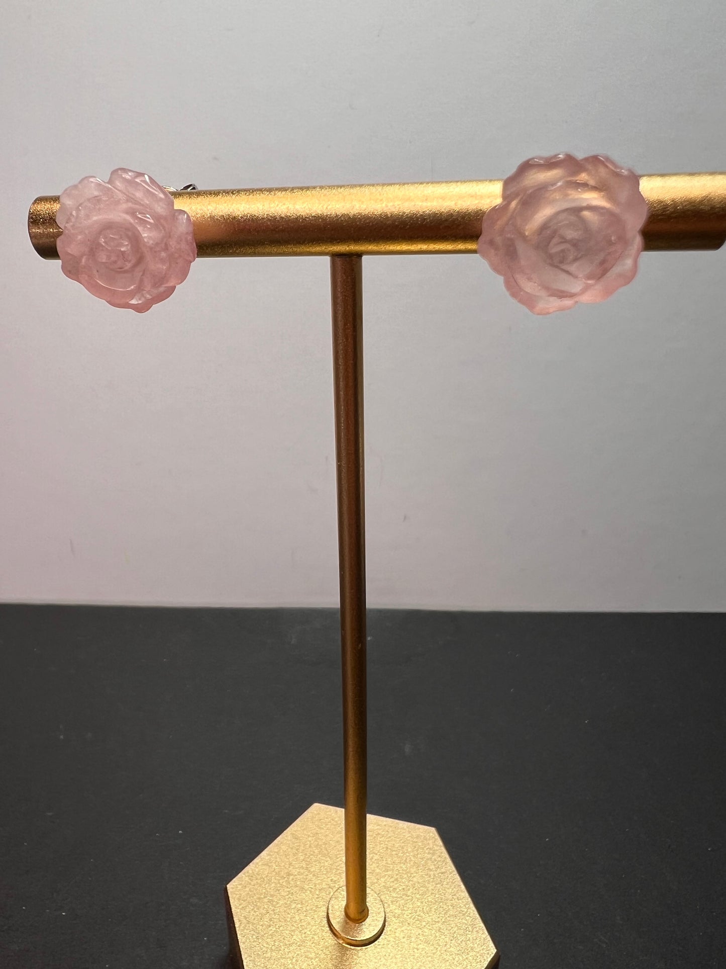 Rose quartz carved roses stud earrings with sterling silver posts