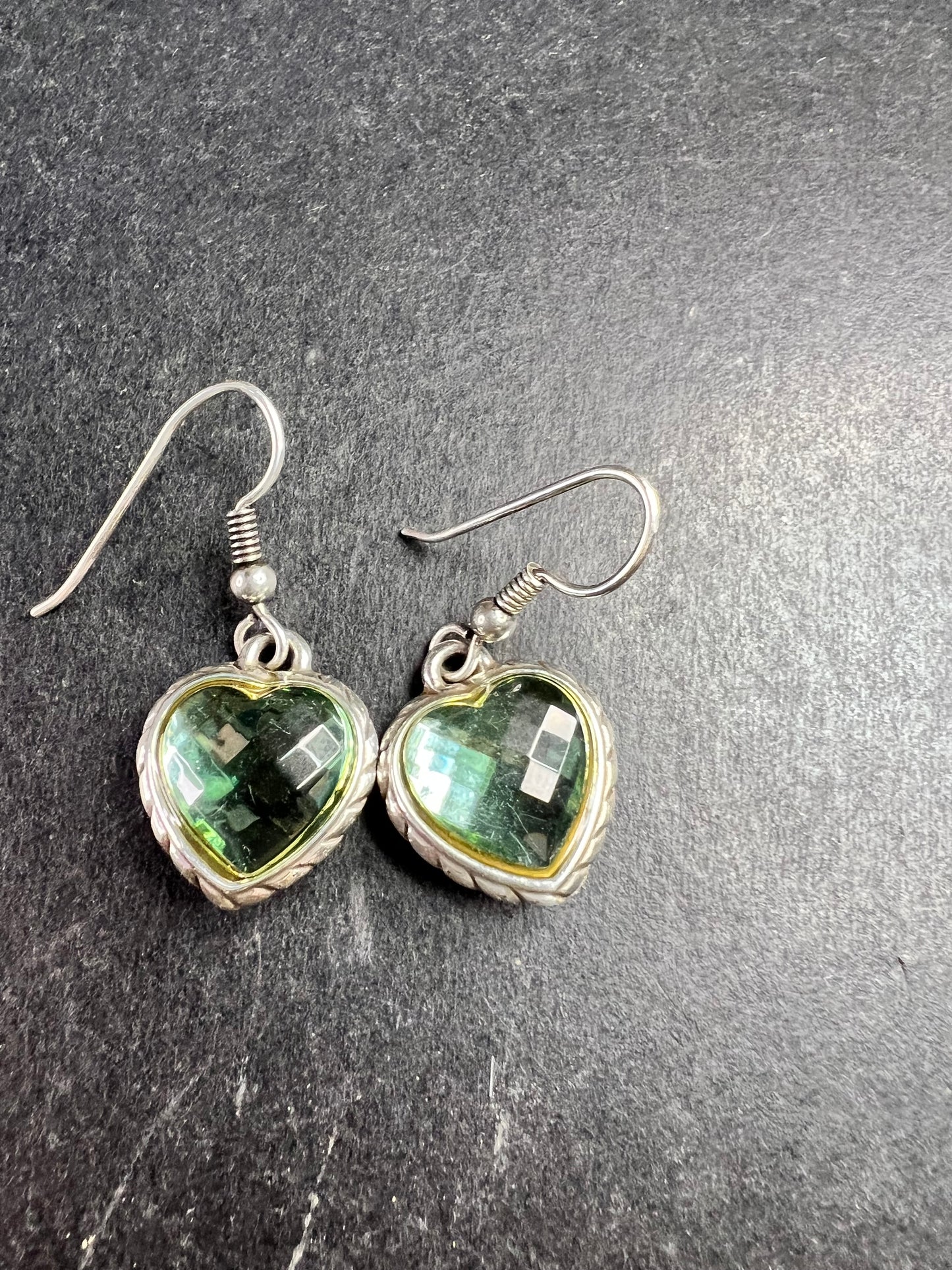 Vintage 90s Sterling Silver Green Glass Heart Earrings Gold Accent 925 Dangle