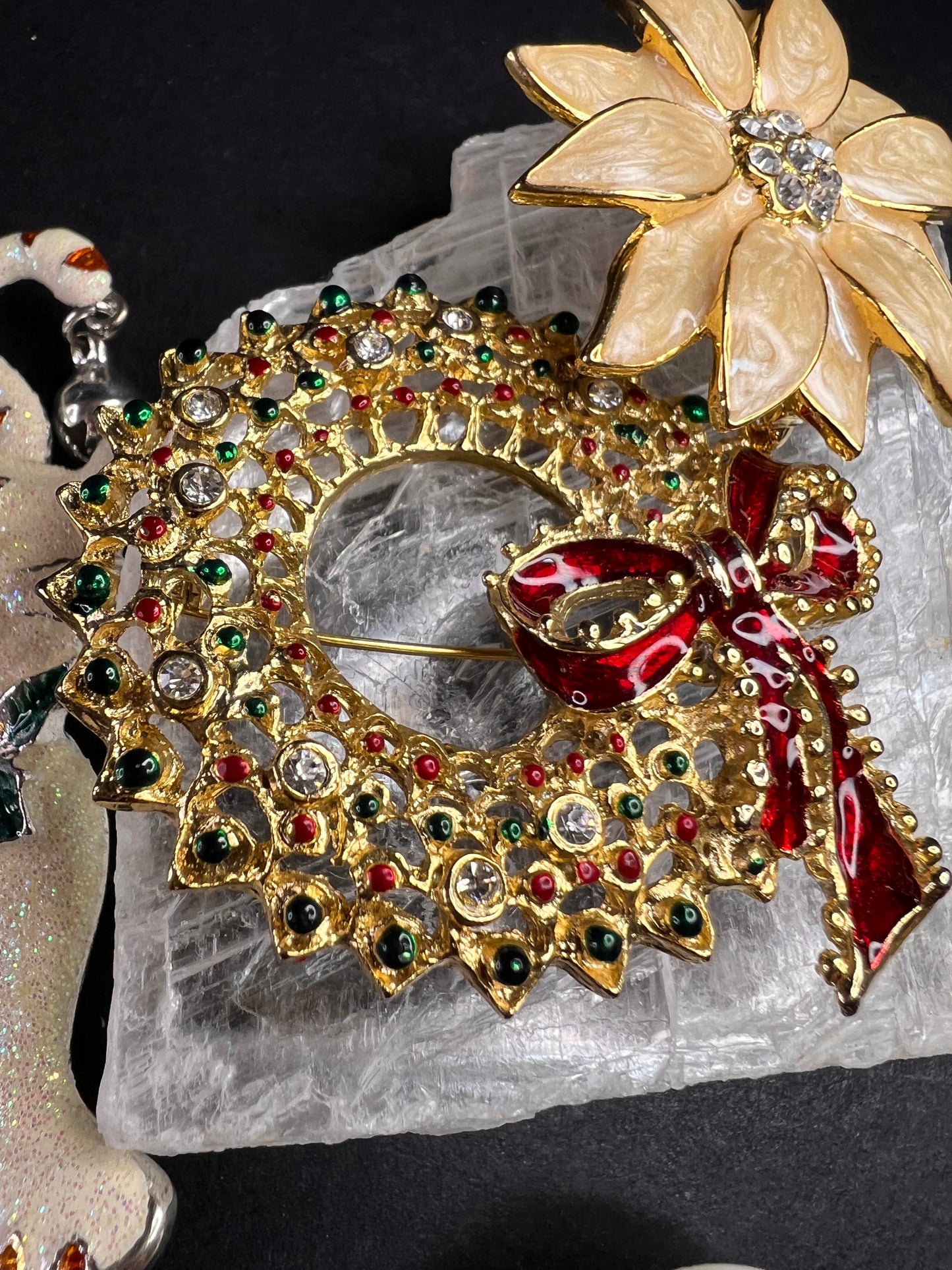 Vintage Christmas Brooch Lot of 6 Holiday Wreath Cat Tree Enamel Pins