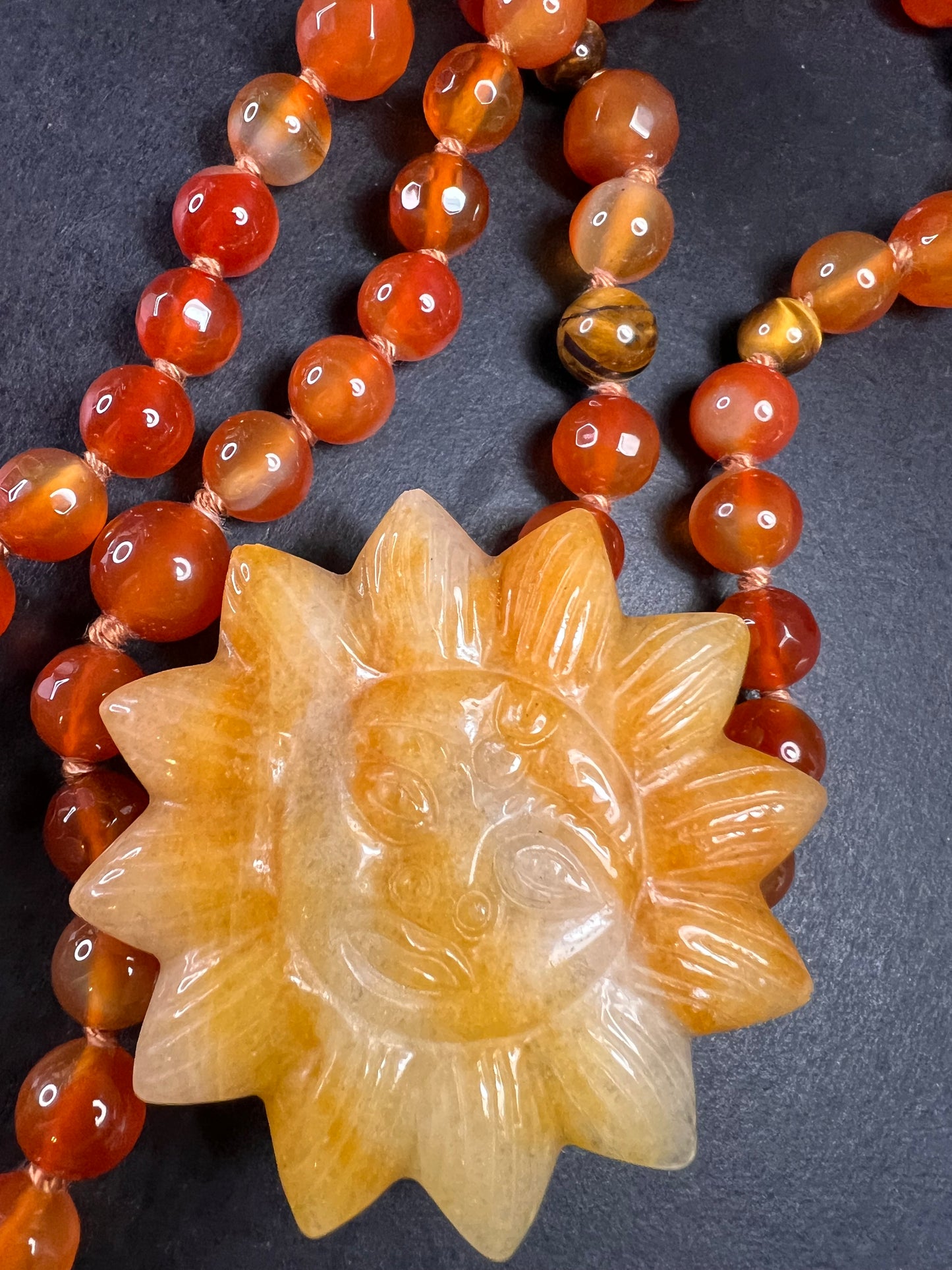 NEW carnelian multi stone sunface knotted necklace