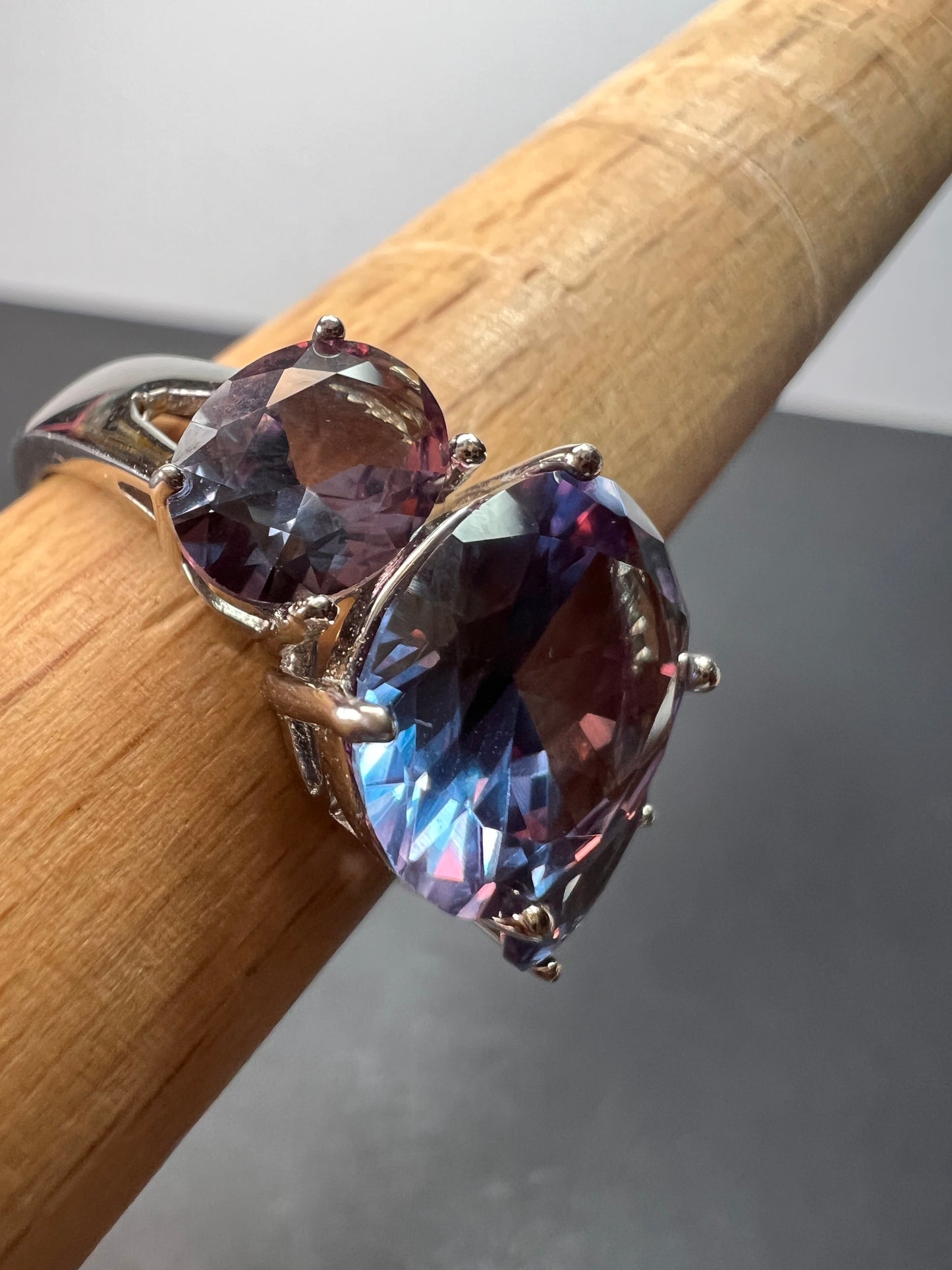 Lab created alexandrite trilogy ring in rhodium over sterling silver size 9