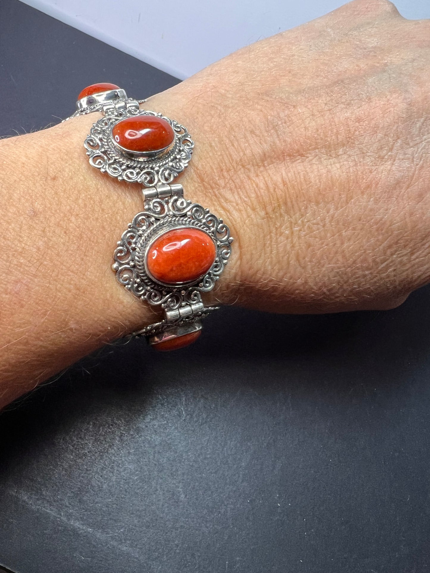 Red orange jade ornate sterling silver toggle bracelet