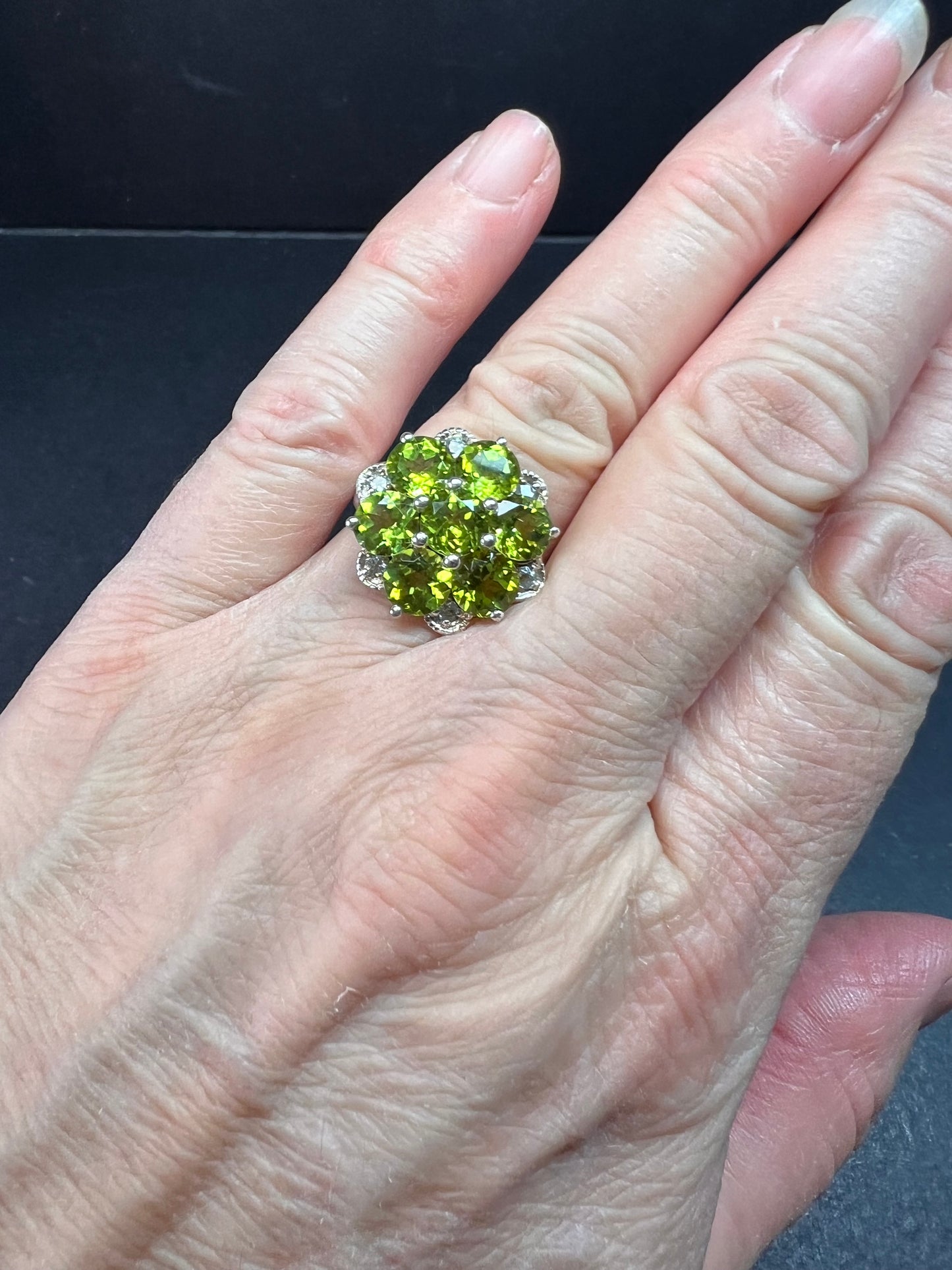 Vintage peridot and aquamarine sterling silver cluster ring size 7