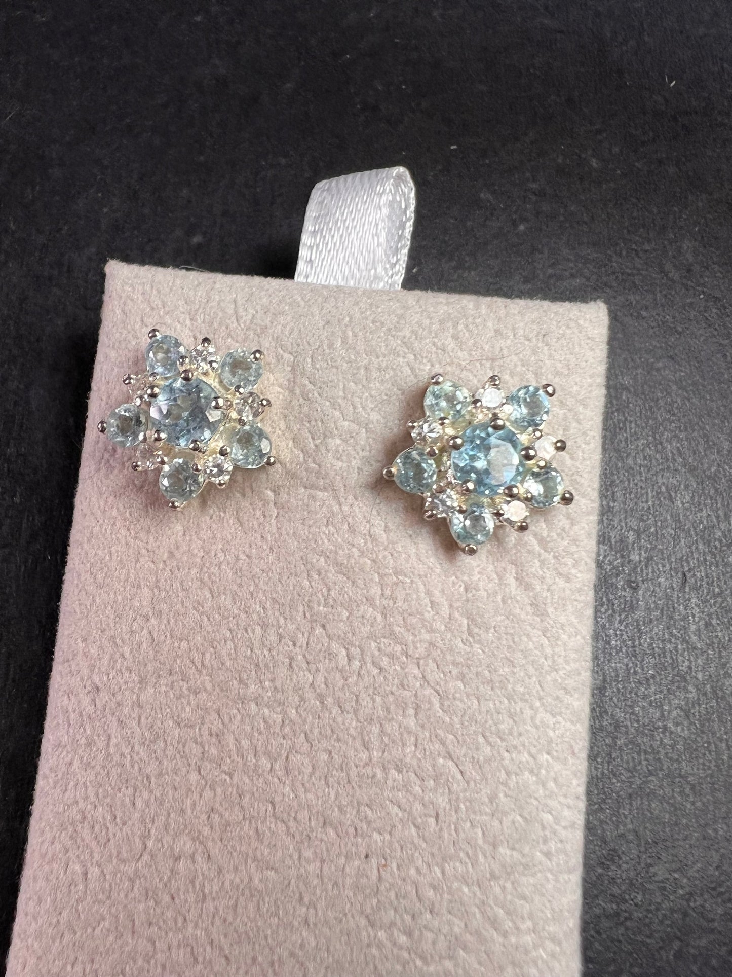 Vintage blue topaz and cz sterling silver snowflake stud earrings
