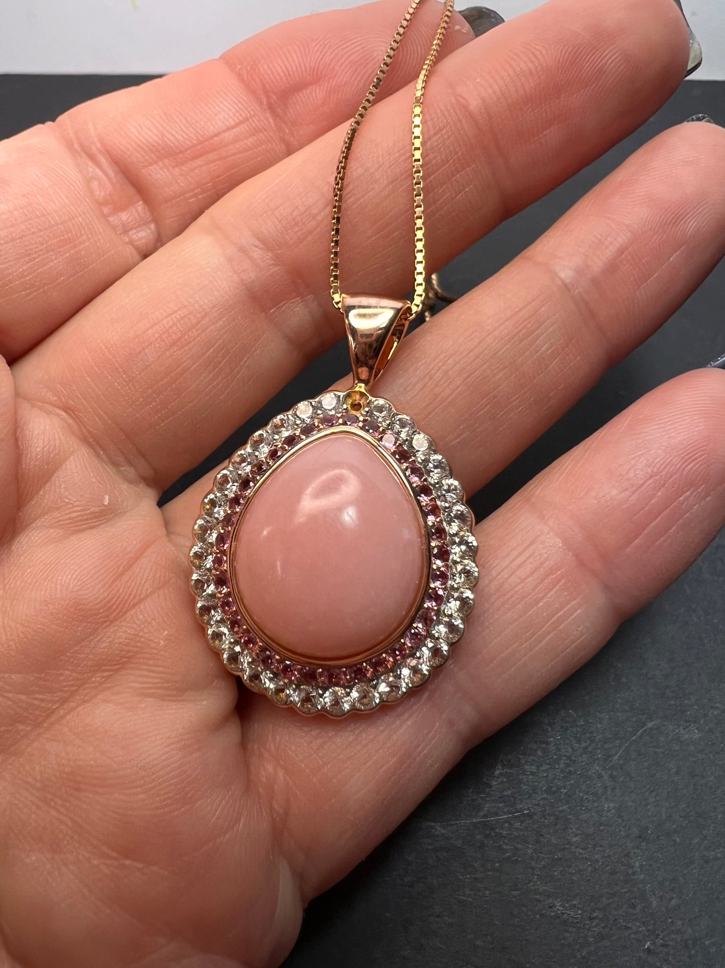 Pink opal, pink tourmaline and white topaz pendant necklace rose gold over sterling 18 inch chain