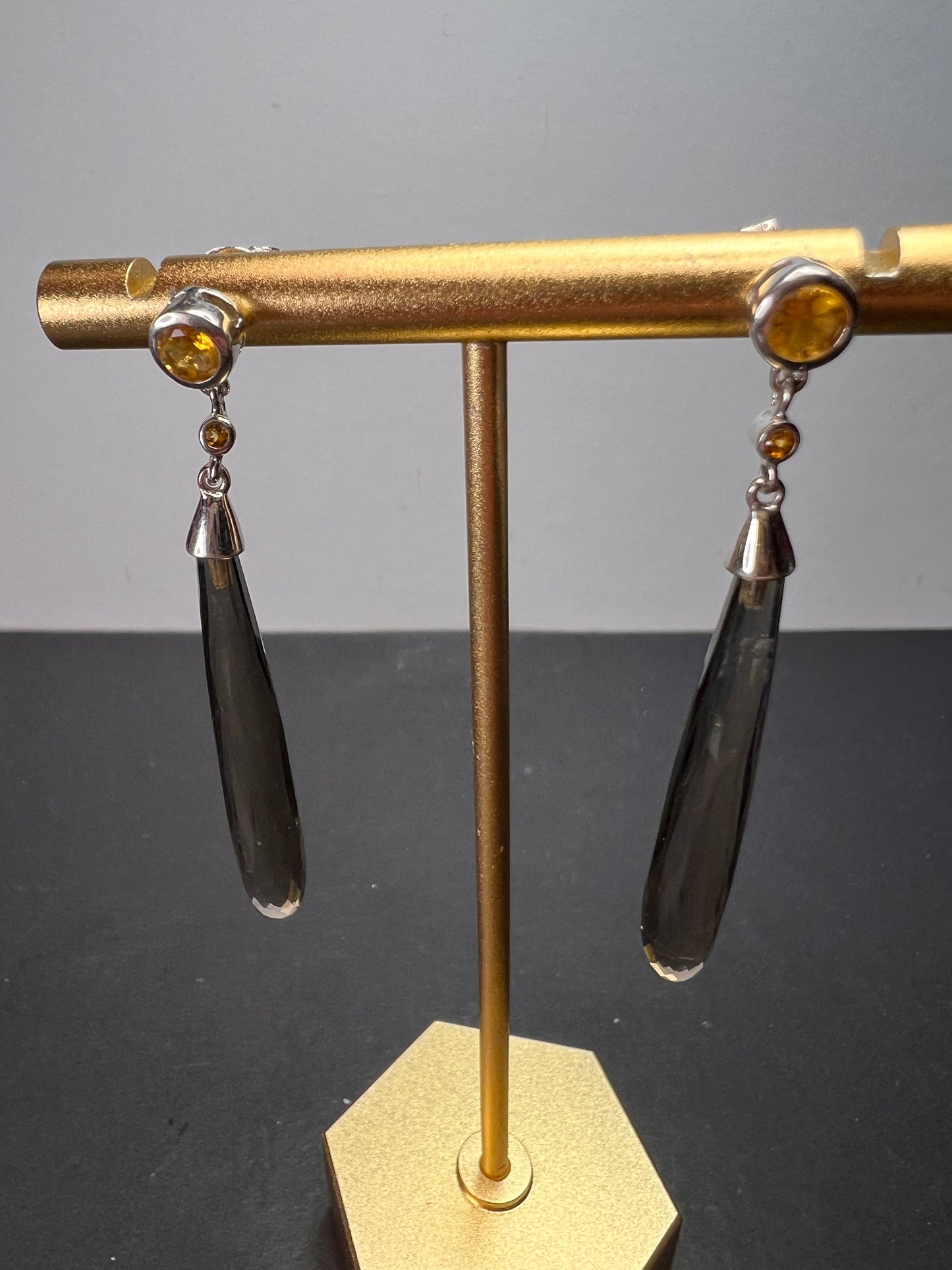 Smoky quartz and citrine sterling silver long dangle earrings