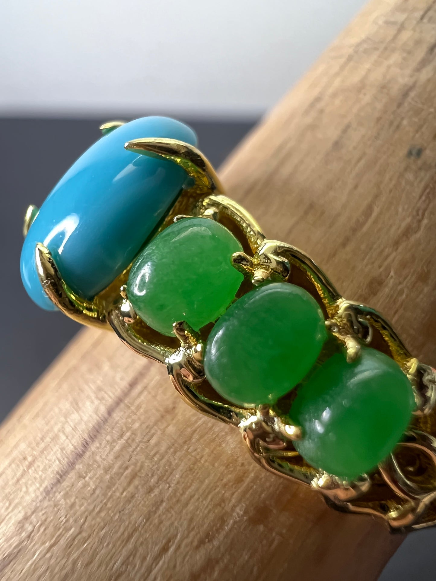 Sleeping Beauty turquoise and green jade 14k gold over silver ring size 9