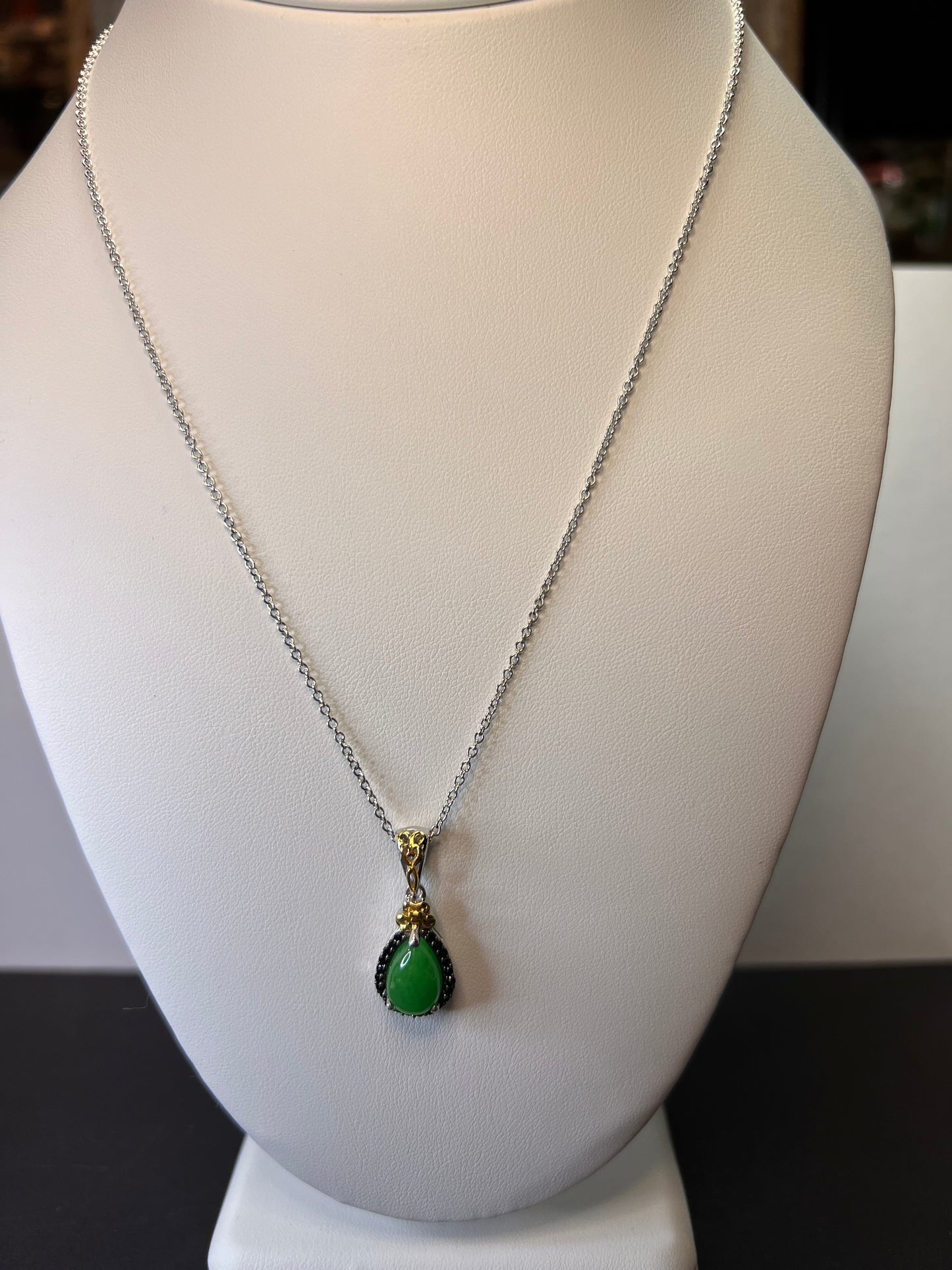 Green Jade and black spinel teardrop two toned sterling silver pendant and chain necklace