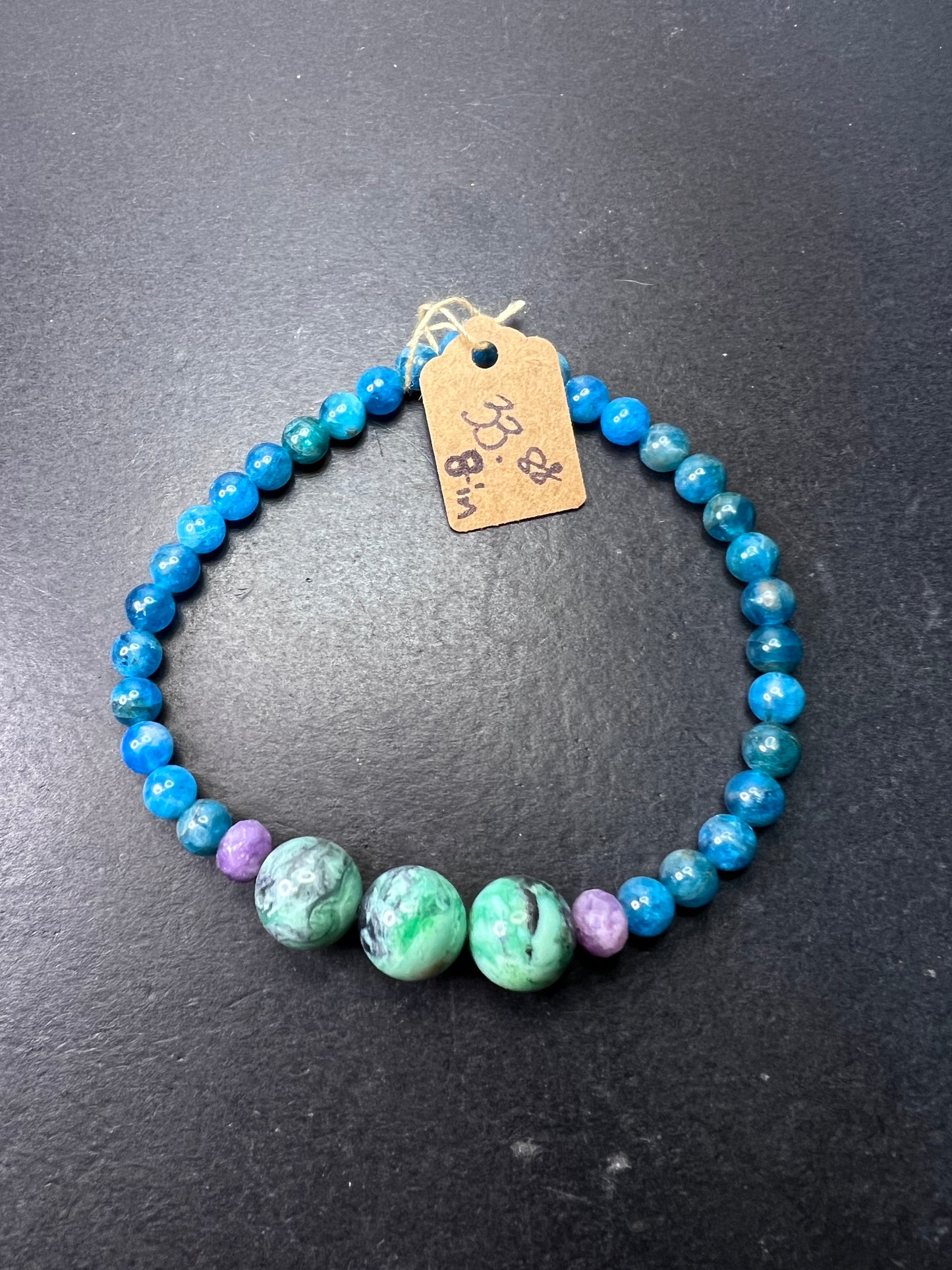 Blue apatite, lepidolite, and Mongolian variscite stretch bracelet 8 inches