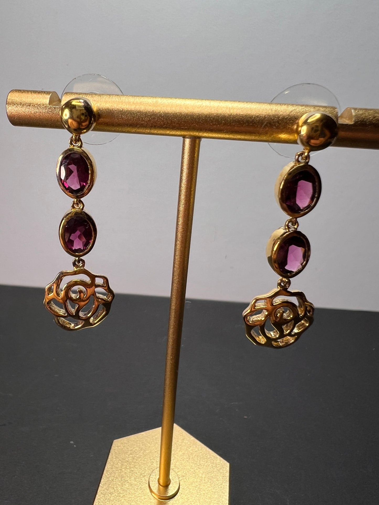 Grape rhodolite garnet dangle earrings in gold over sterling silver