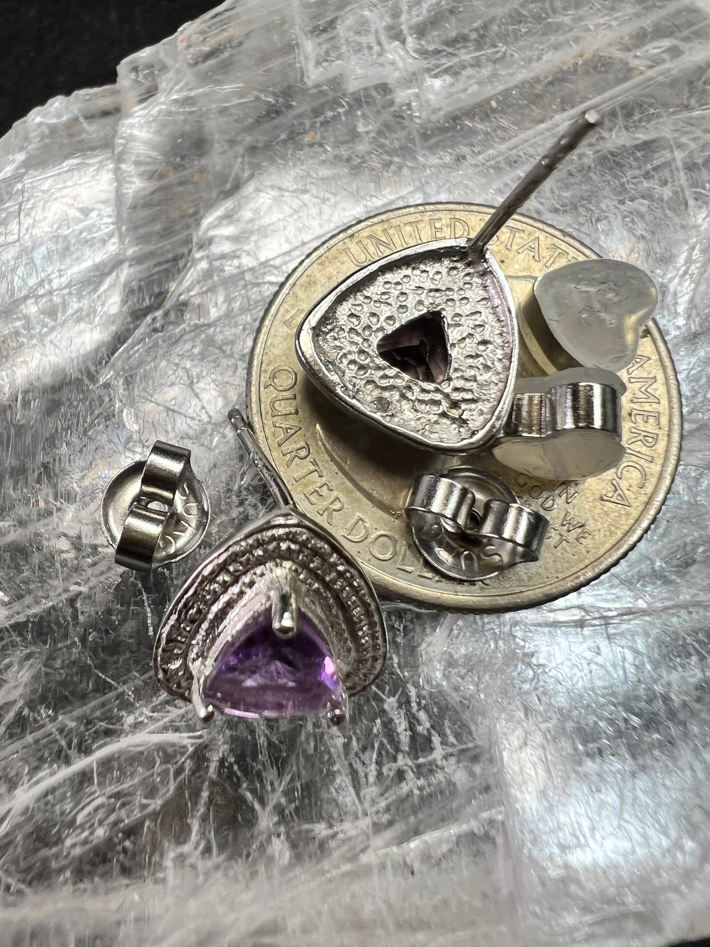 New Sterling Silver Trillion Amethyst Studs w Diamond Accents