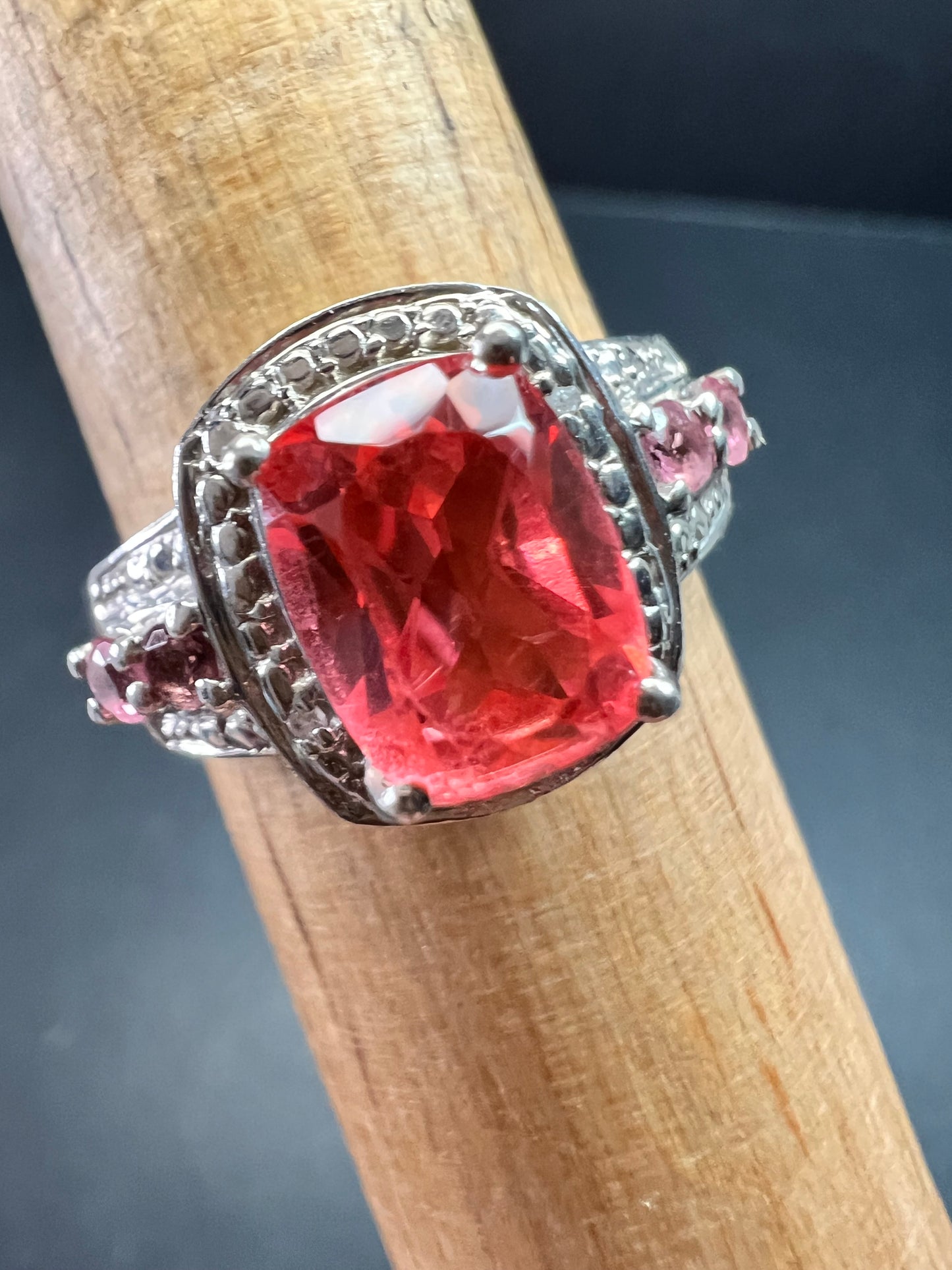 Sterling Silver Peach Red Quartz Doublet & Pink Tourmaline Ring 8.75