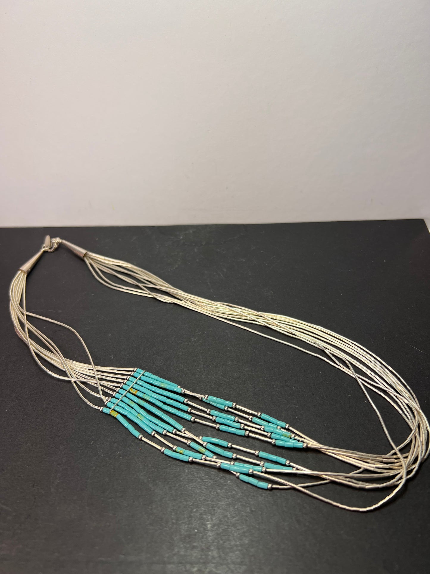 Southwest style liquid silver heishi turquoise 10 strand necklace