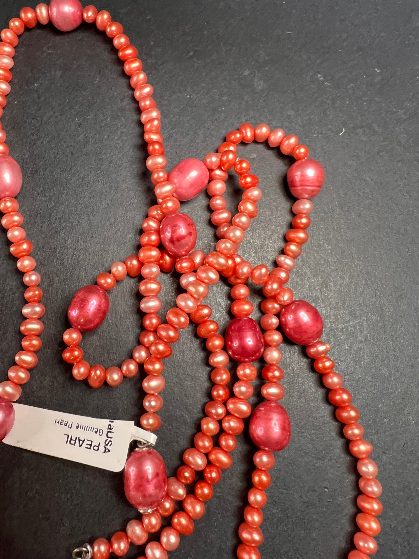 NEW coral and magenta colored freshwater pearl 36 inch station necklace with sterling silver clasp