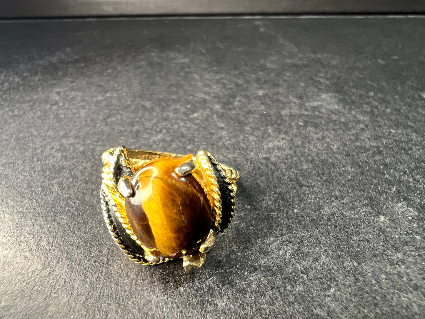 Vintage Espo Tiger’s Eye Ring Size 7.5 18K HGF Gold Filled Statement