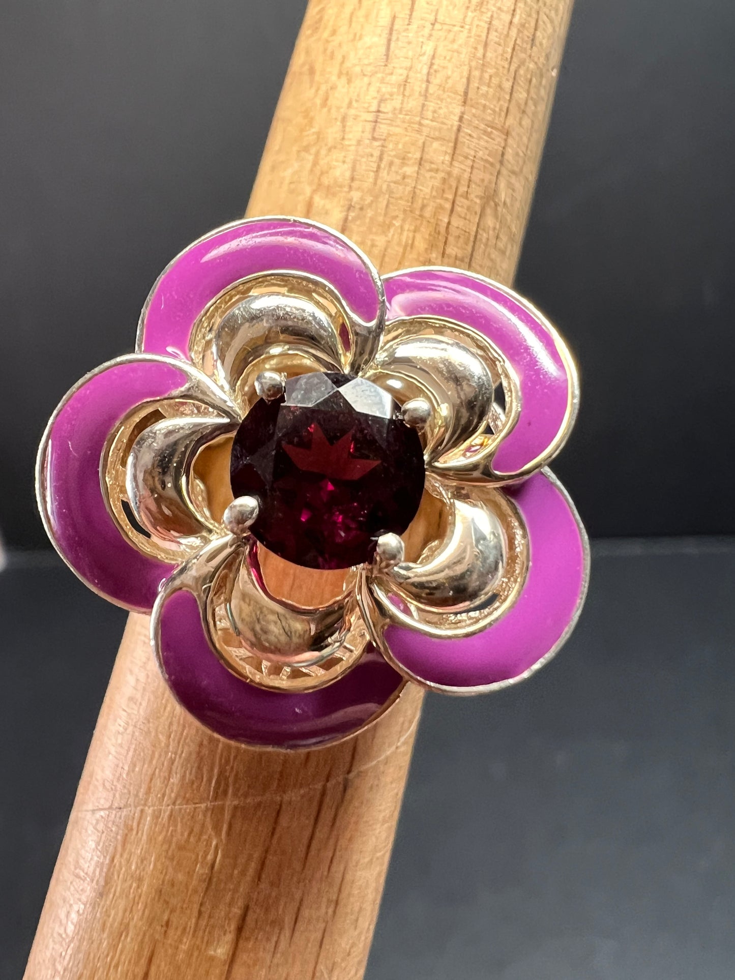 Ross Simons garnet and enamel flower sterling silver ring size 5