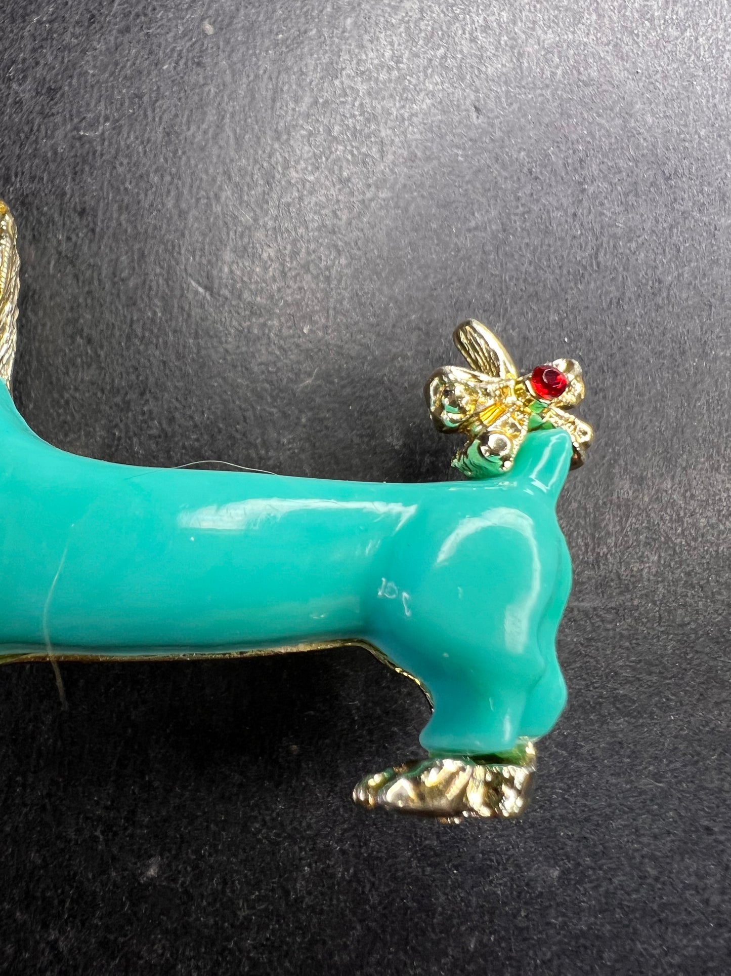 Vintage Gold Tone Dachshund Brooch Turquoise Lucite Rhinestones