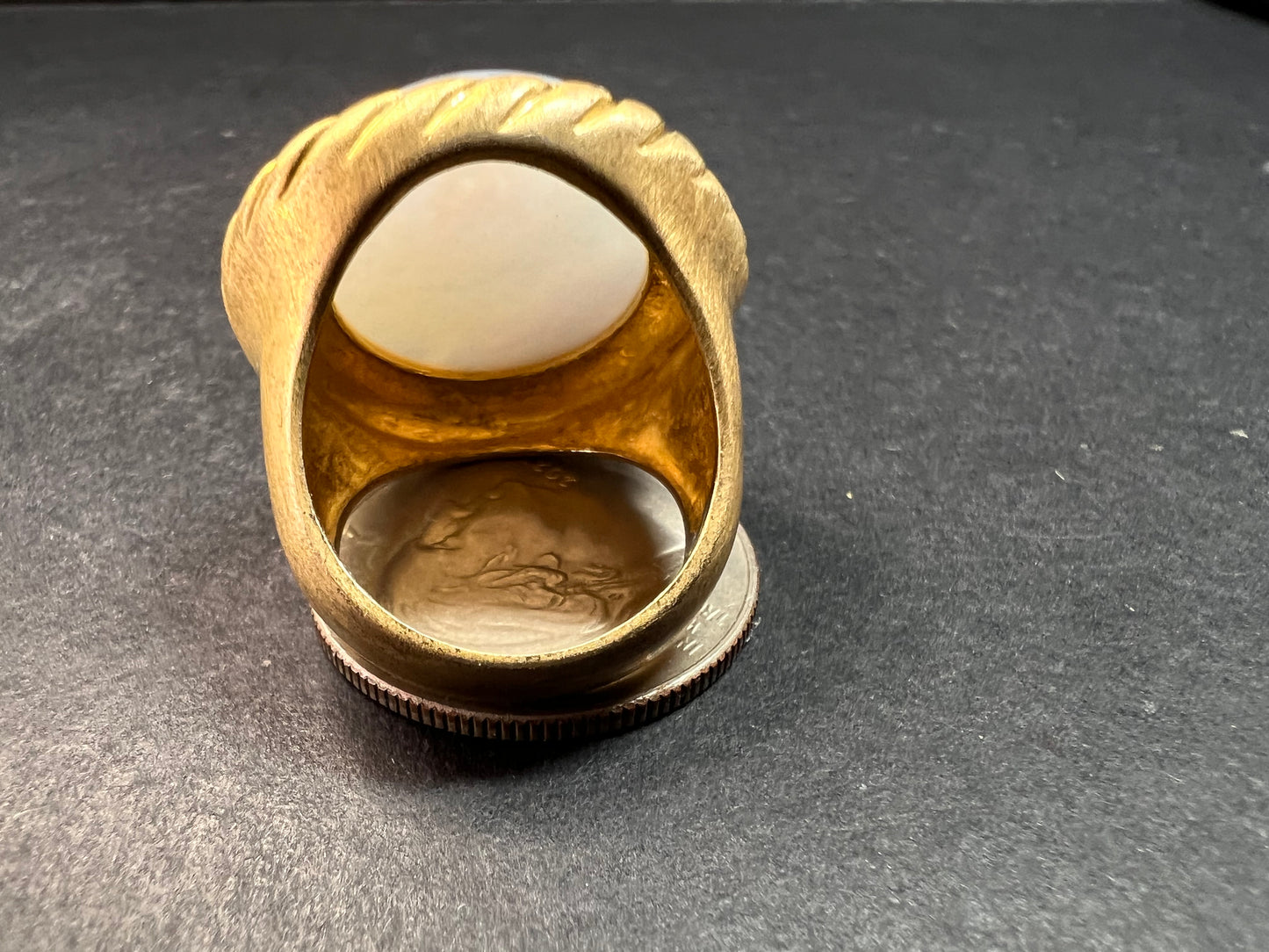 Glow By Sheila Fajl Signed Blue Agate Ring brushed 18kt Plated size 7