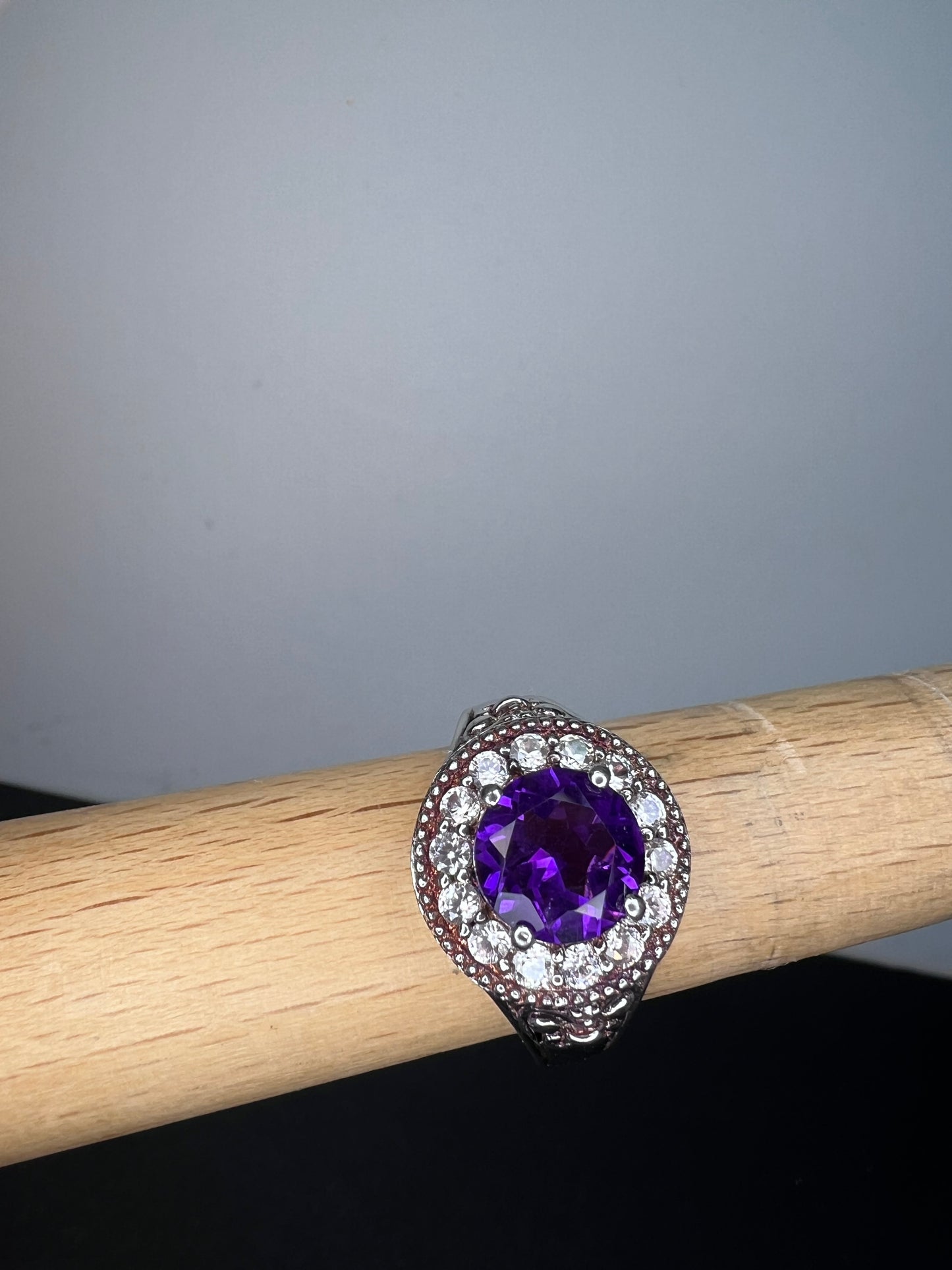 Amethyst and white spinel sterling silver halo ring size 9