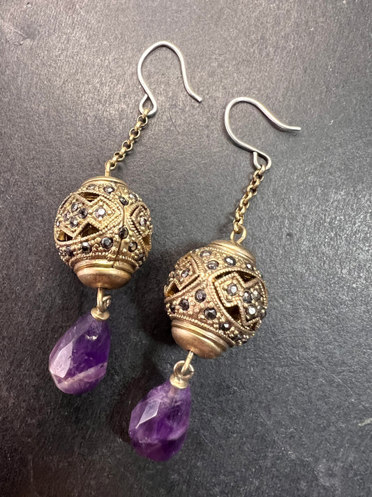 Vintage amethyst and marcasite sterling silver dangle earrings