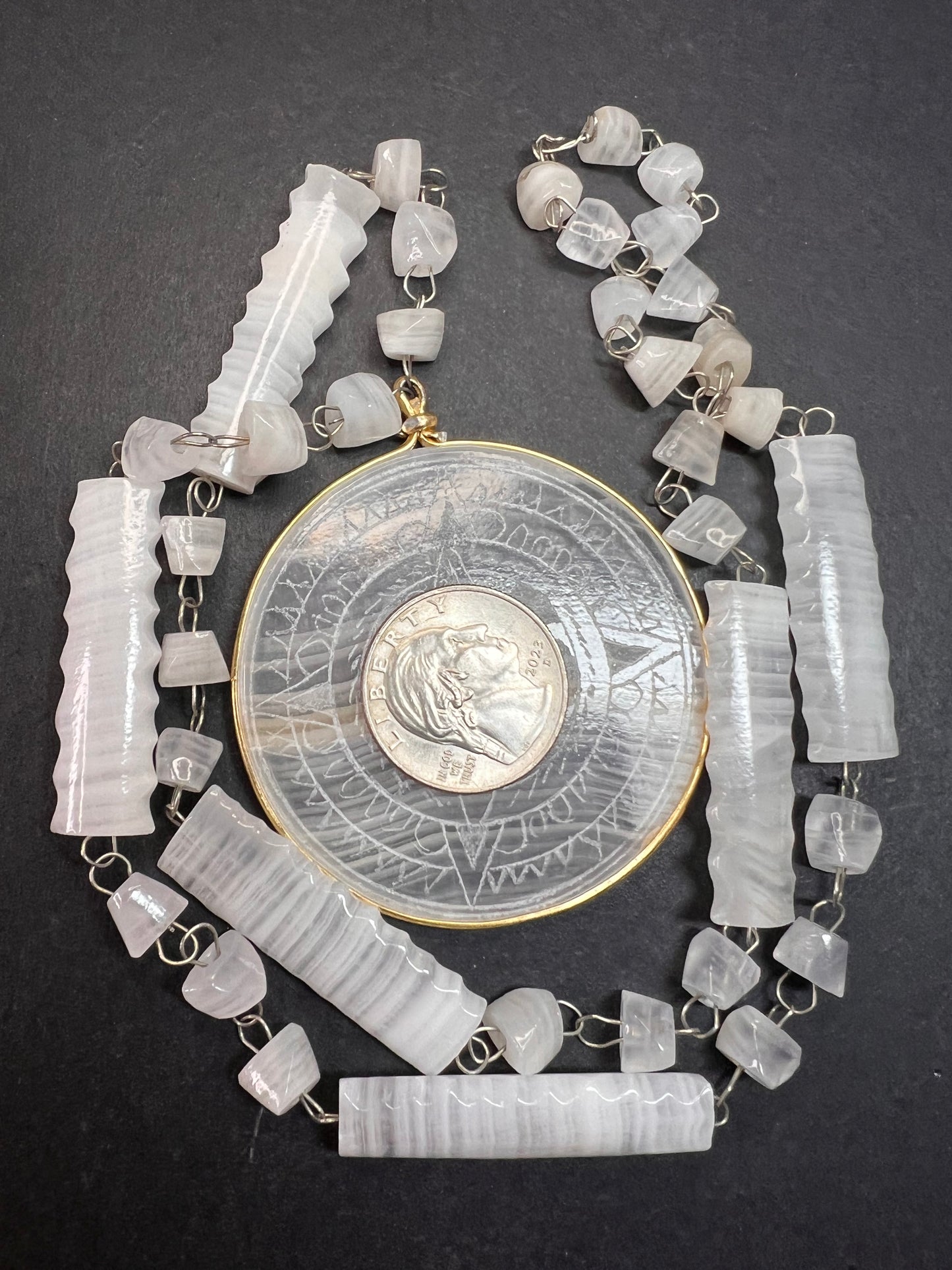 Vintage white onyx Aztec sundial 24 inch pendant necklace