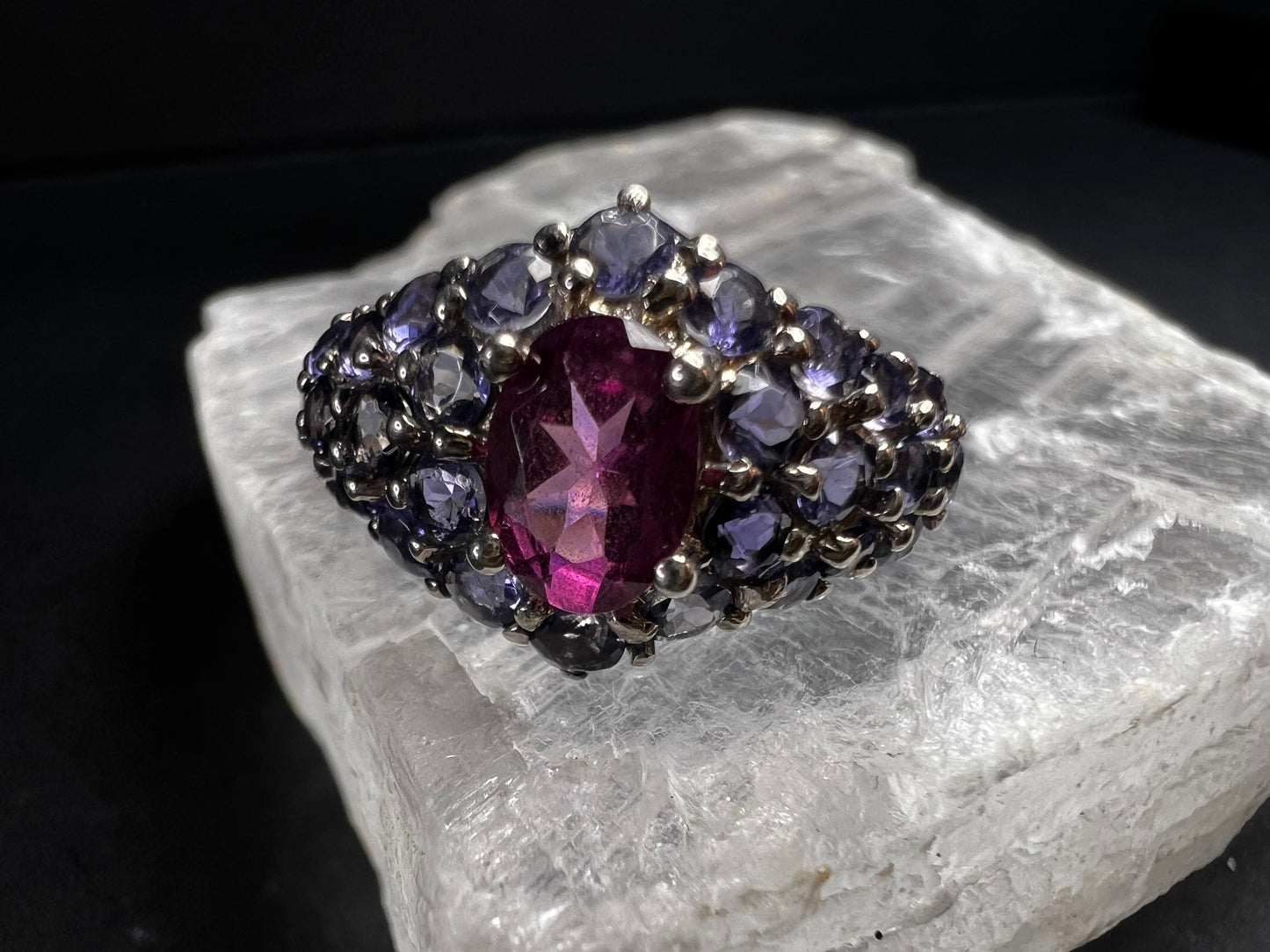 Pink Tourmaline Tanzanite Sterling Silver Cluster Ring Size 7