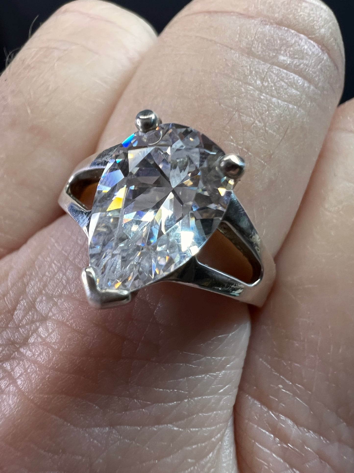 Vintage CZ Pear Solitaire in Sterling Silver, Open Gallery Split Shank, Size 9