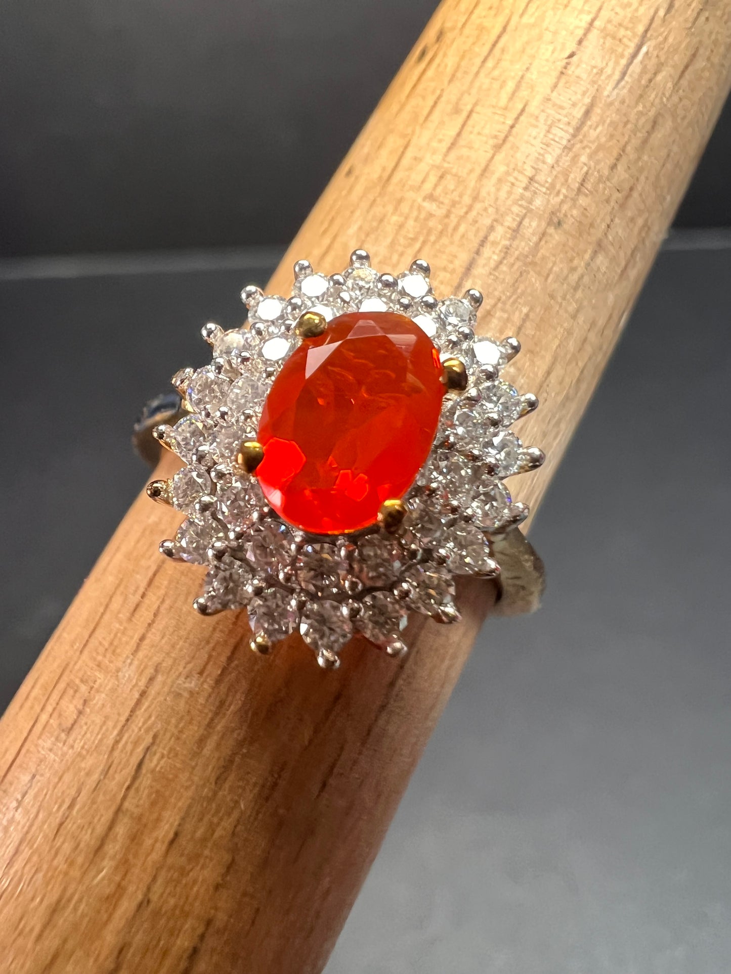 NEW Mexican Cherry fire opal and moissanite double halo ring in vermeil yellow gold over sterling silver size 5