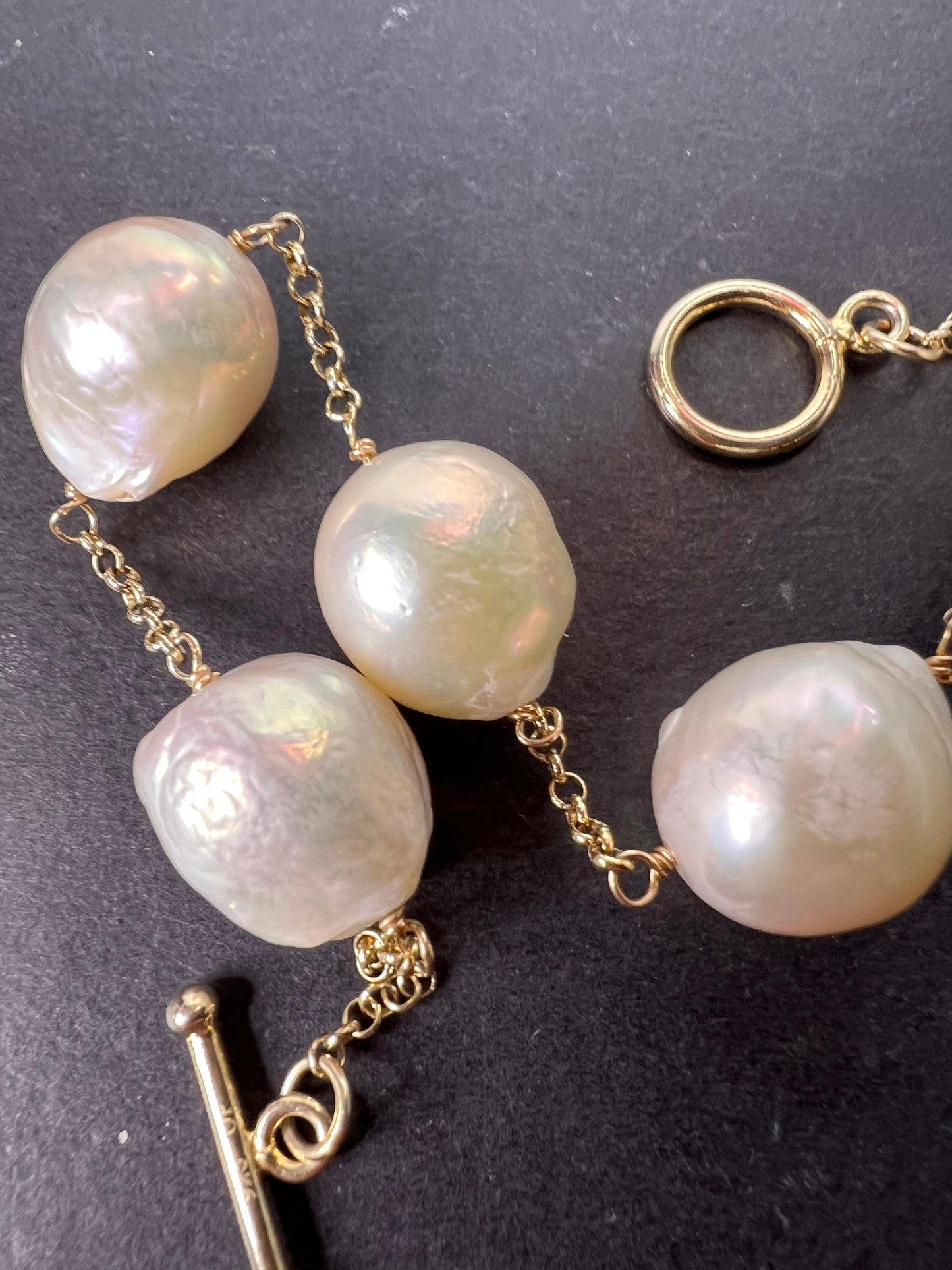 13-15mm Baroque cultured pearl station toggle bracelet in gold over sterling silver