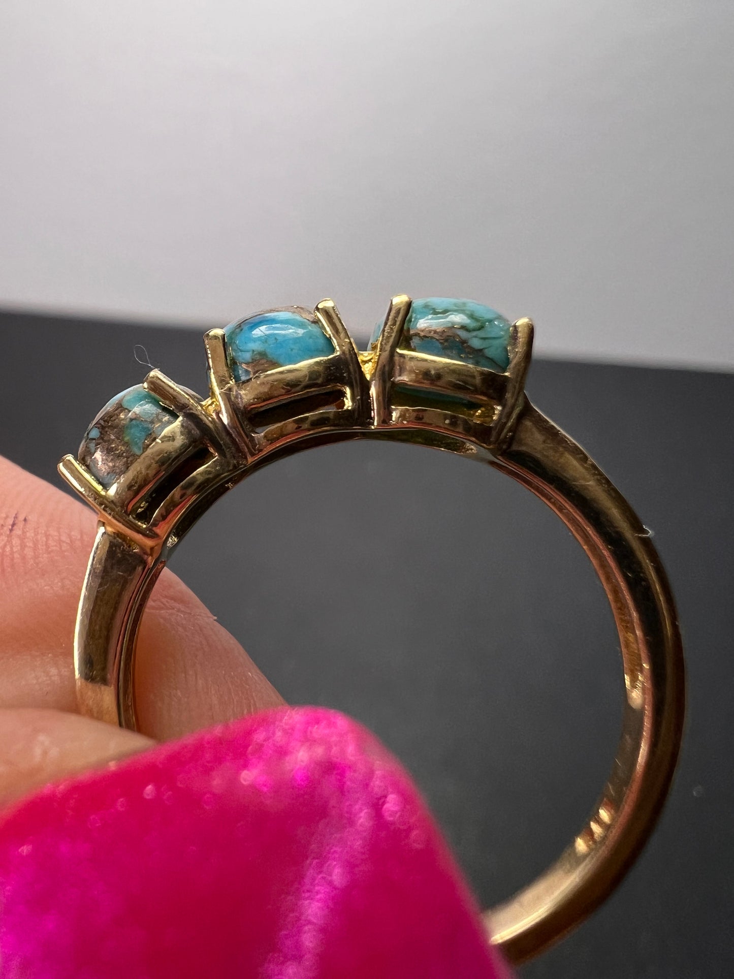 Blue composite turquoise trilogy ring in gold over sterling silver size 9